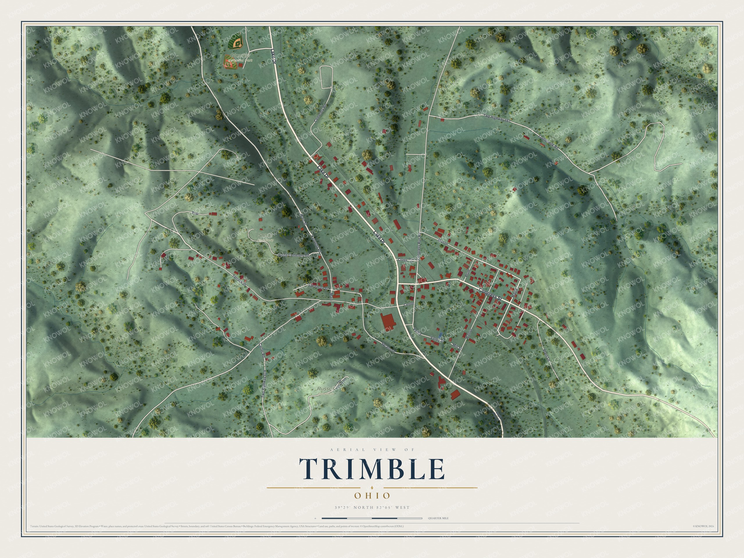Full map of Trimble, Ohio, with red buildings, printed street names and the land around them