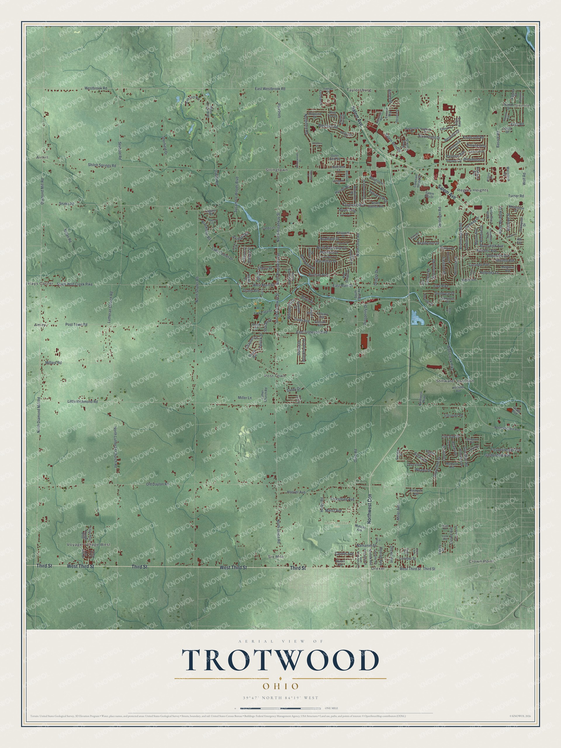 Full map of Trotwood, Ohio, with red buildings, printed street names and the land around them
