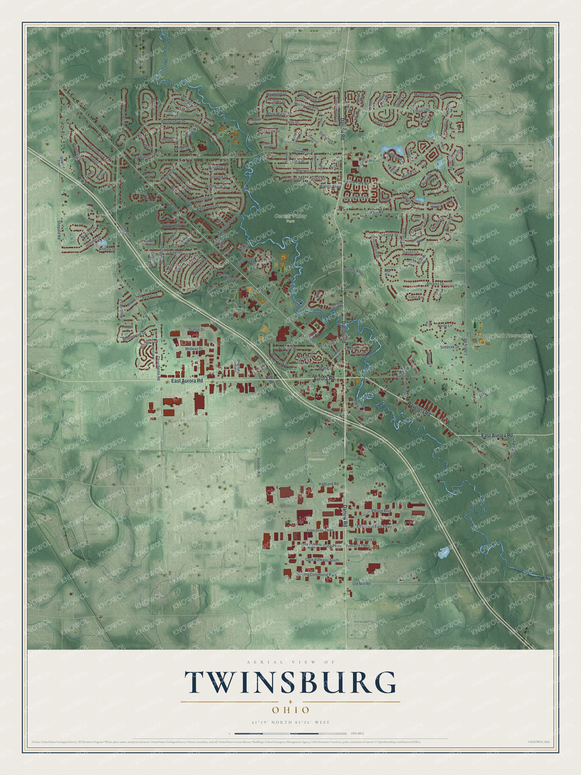 Aerial view map of Twinsburg, Ohio with green hills, a winding blue creek, red buildings and a cream title panel