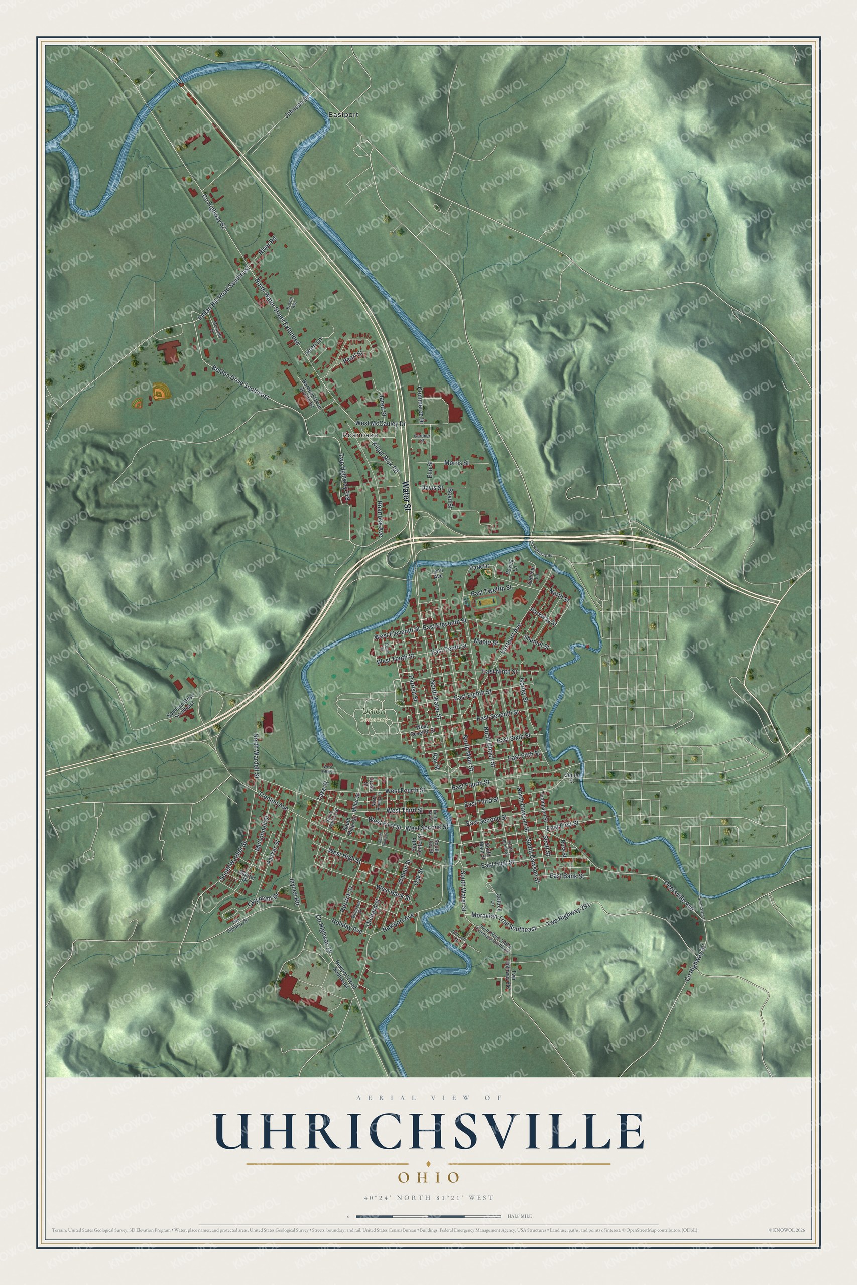 Full Uhrichsville, Ohio map with red buildings, blue waterways, green shaded hills, a cream border, and a title panel below