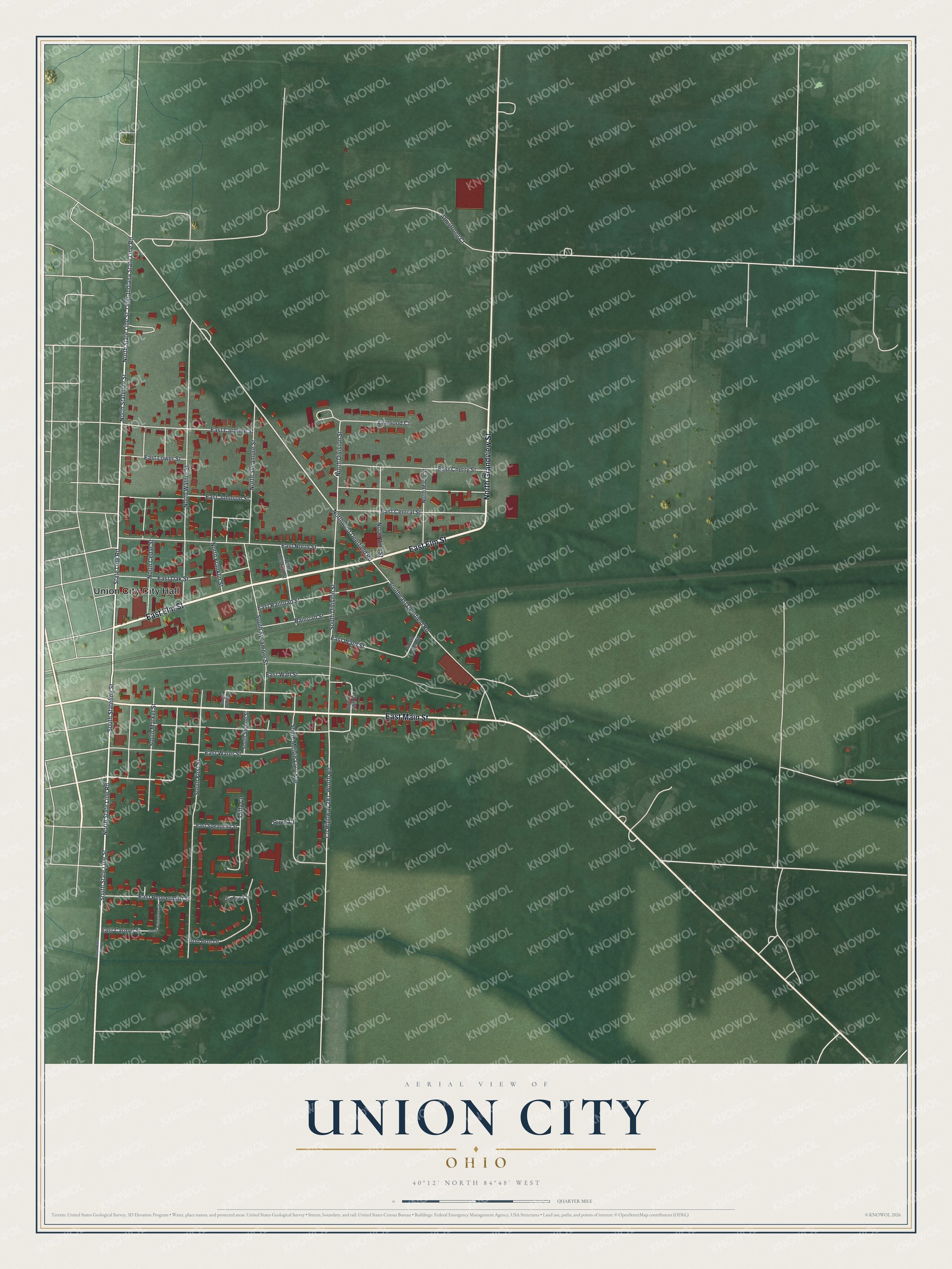 Full map of Union City, Ohio, with red buildings, printed street names and the land around them