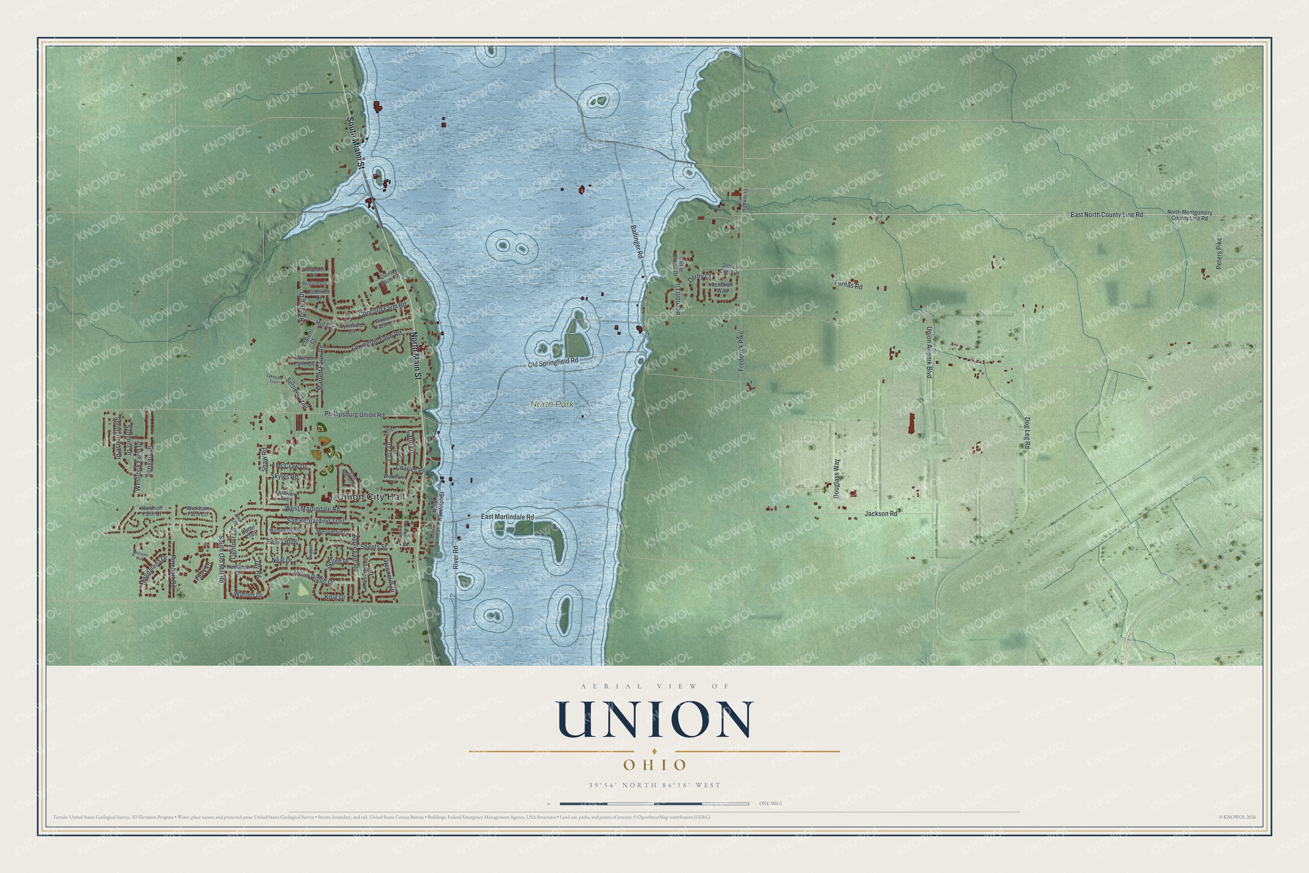 Full map of Union, Ohio, with red buildings, printed street names and the land around them