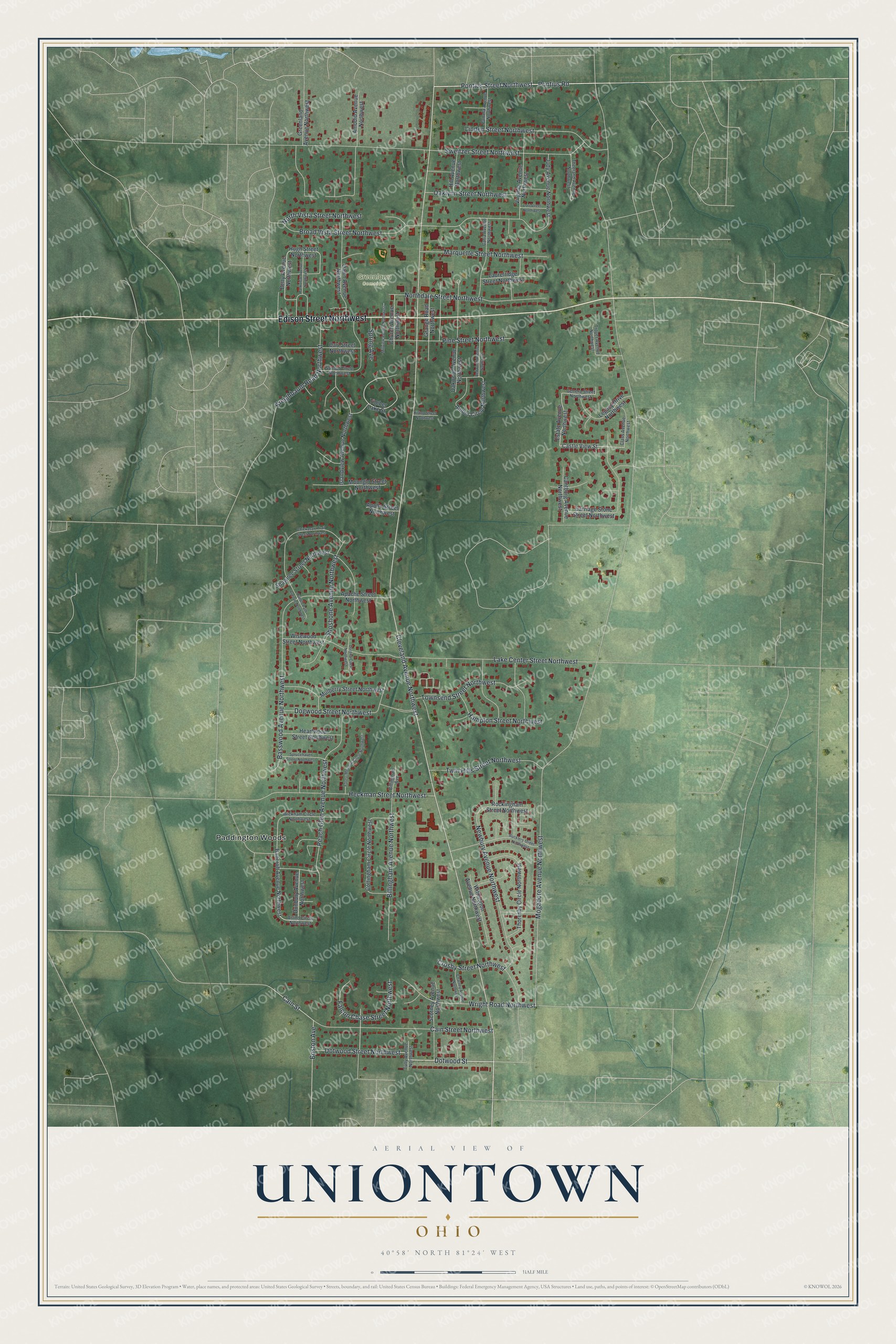 Full map of Uniontown, Ohio, with red buildings, printed street names and the land around them