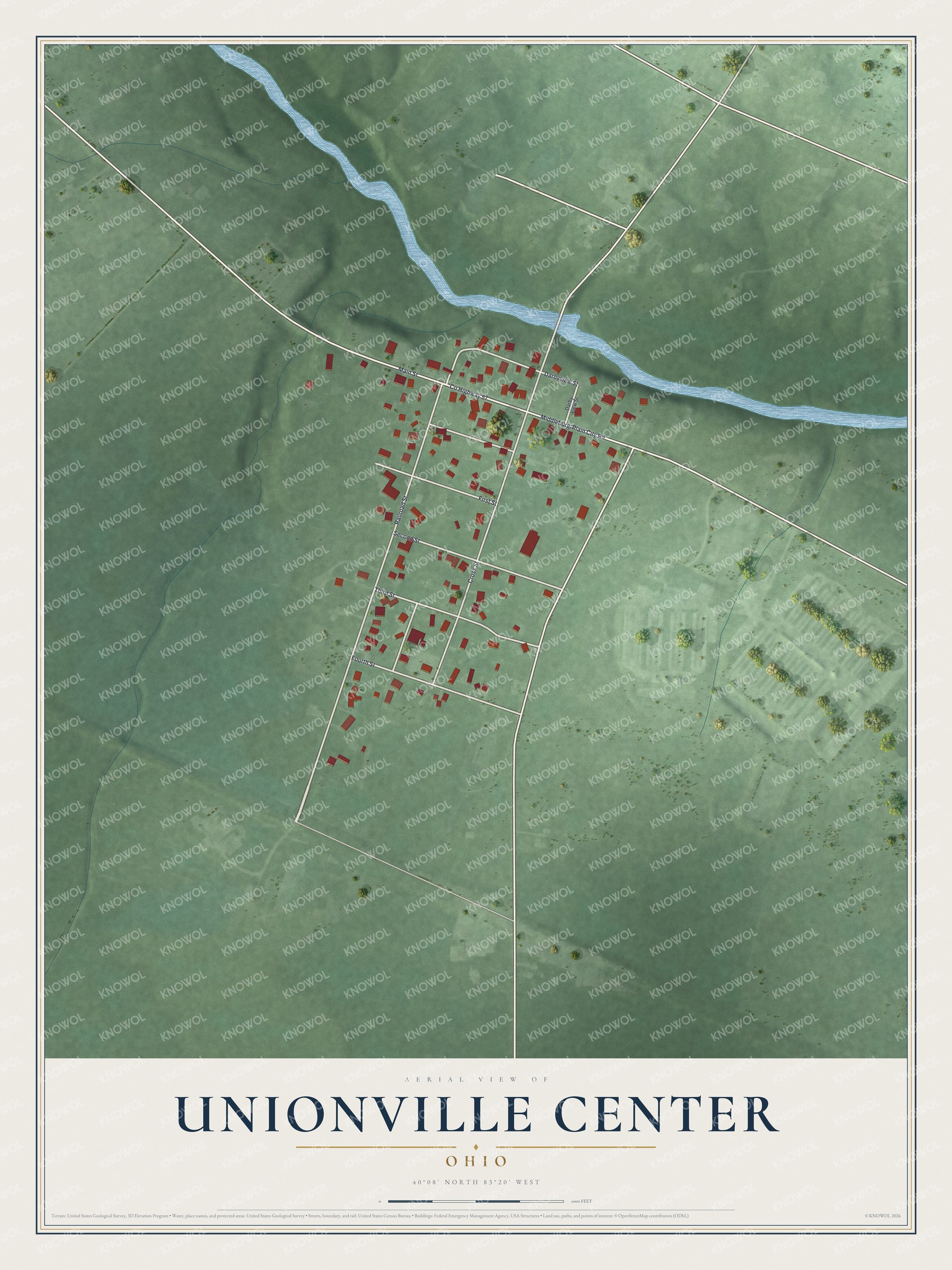 Full map of Unionville Center, Ohio, with red buildings, printed street names and the land around them