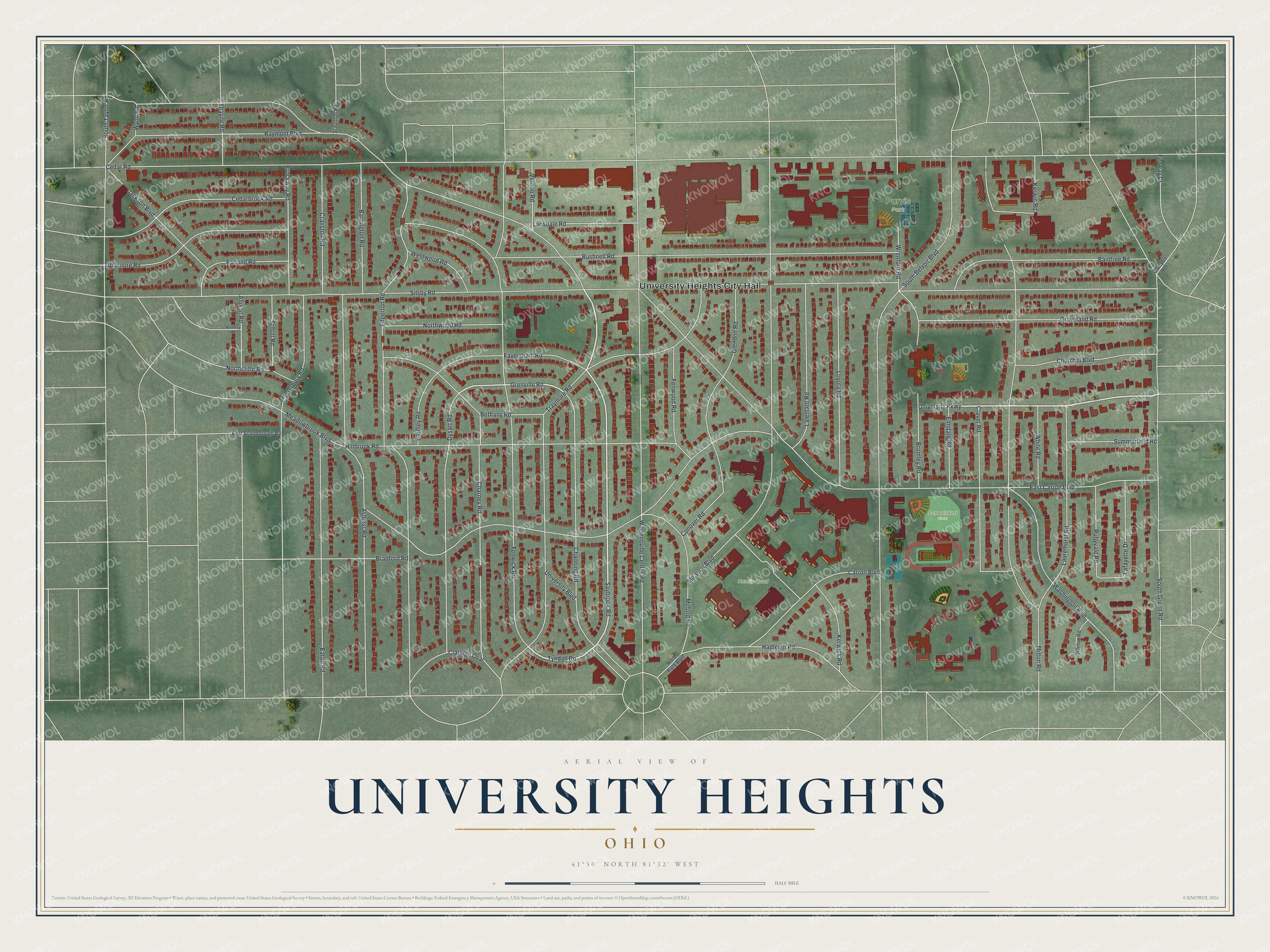Full map of University Heights, Ohio, with red buildings, printed street names and the land around them