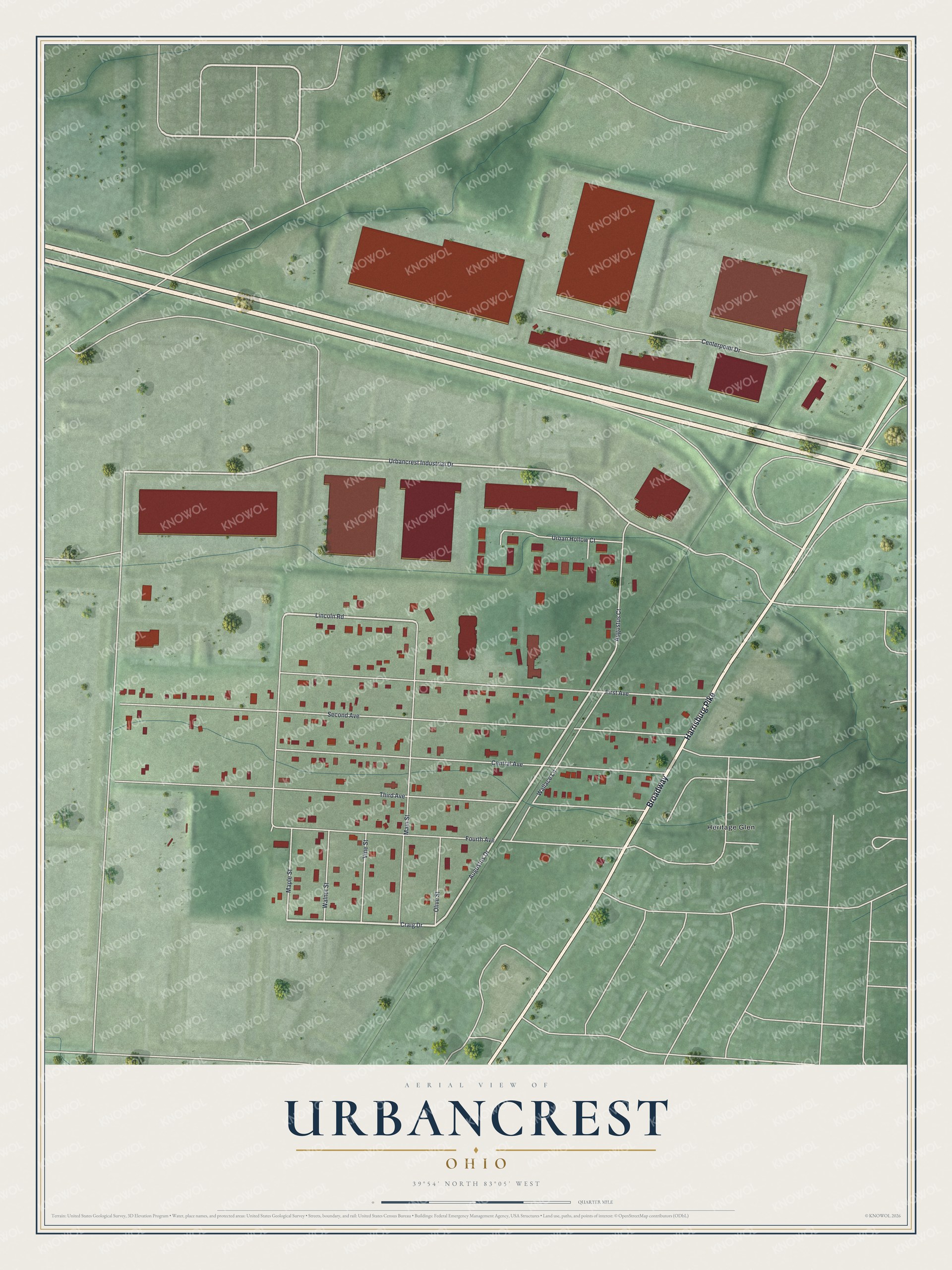 Full map of Urbancrest, Ohio, with red buildings, printed street names and the land around them