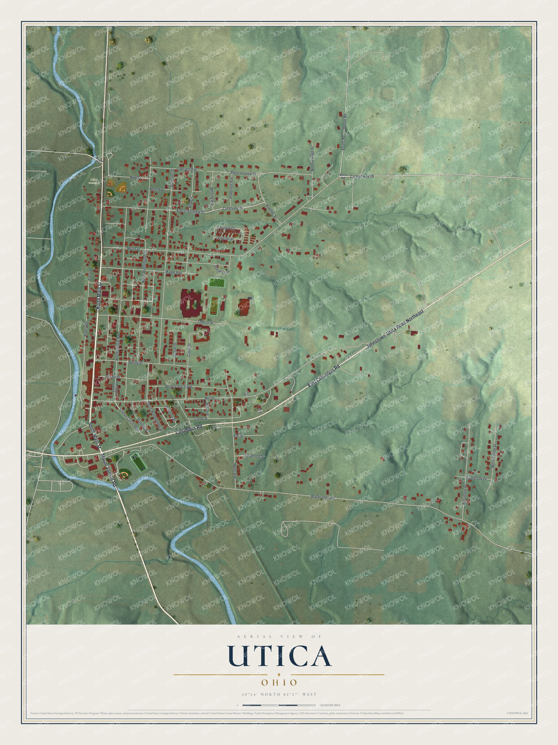 Full map of Utica, Ohio, with red buildings, printed street names and the land around them