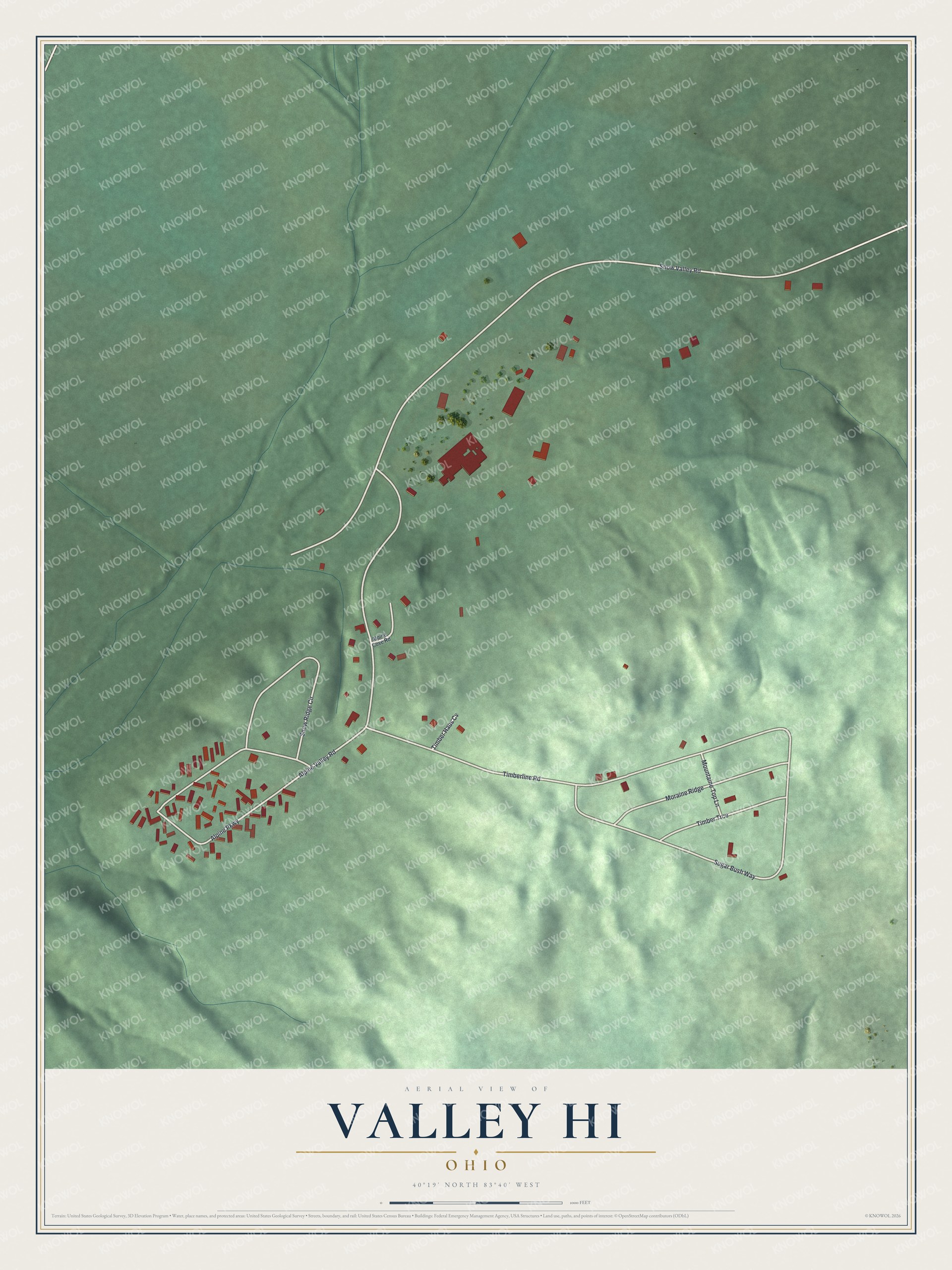 Full map of Valley Hi, Ohio, with red buildings, printed street names and the land around them