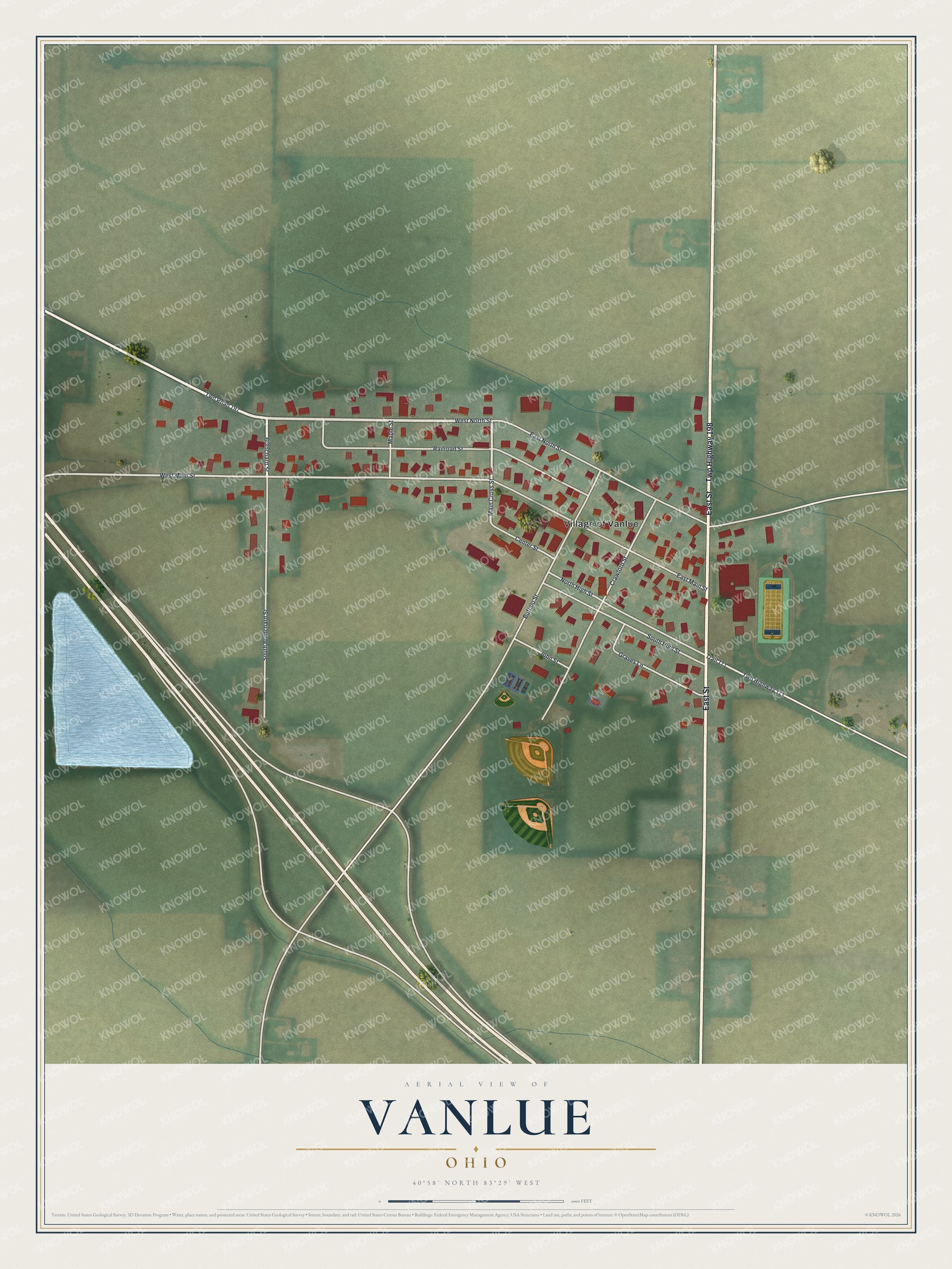 Full map of Vanlue, Ohio, with red buildings, printed street names and the land around them