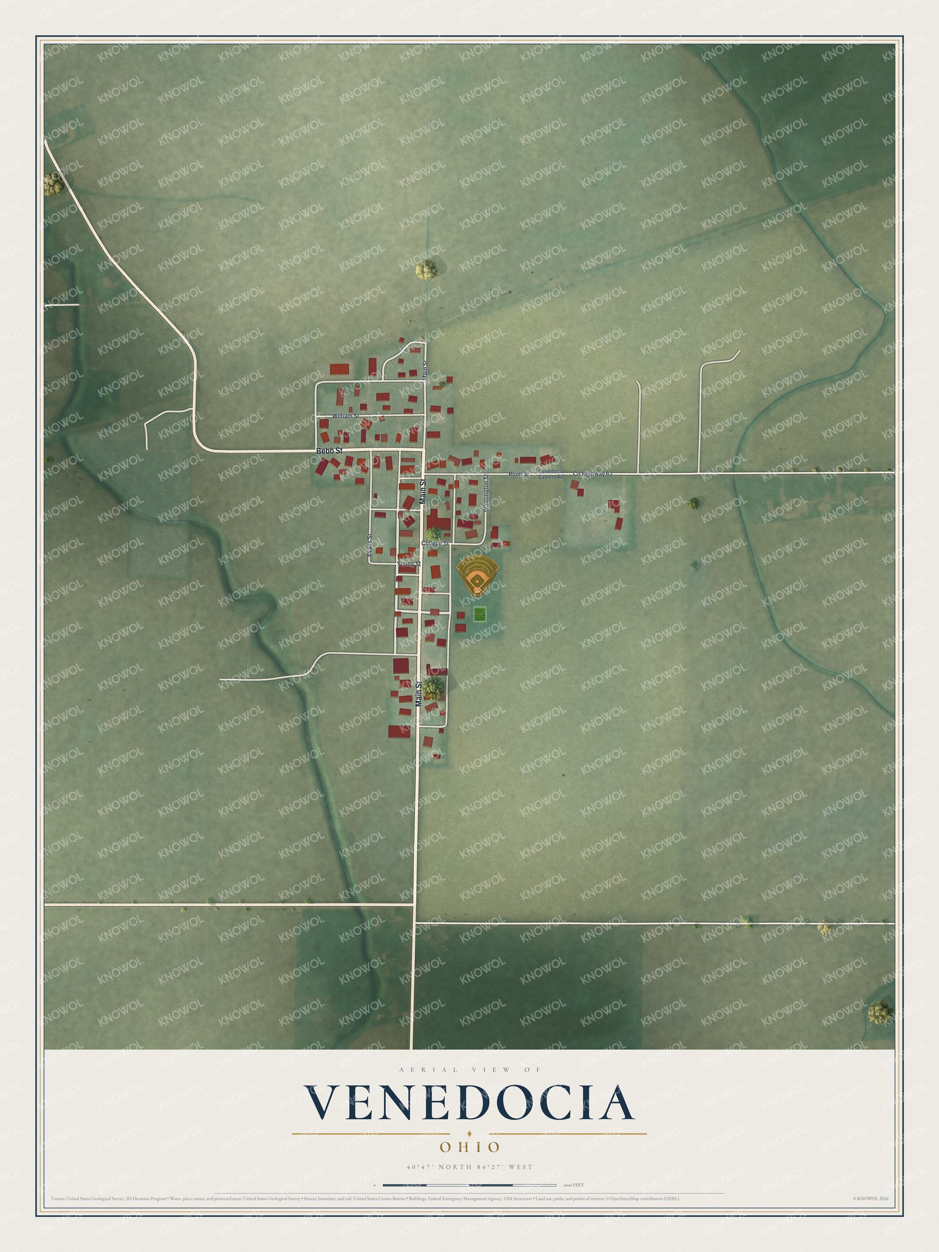 Full map of Venedocia, Ohio, with red buildings, printed street names and the land around them