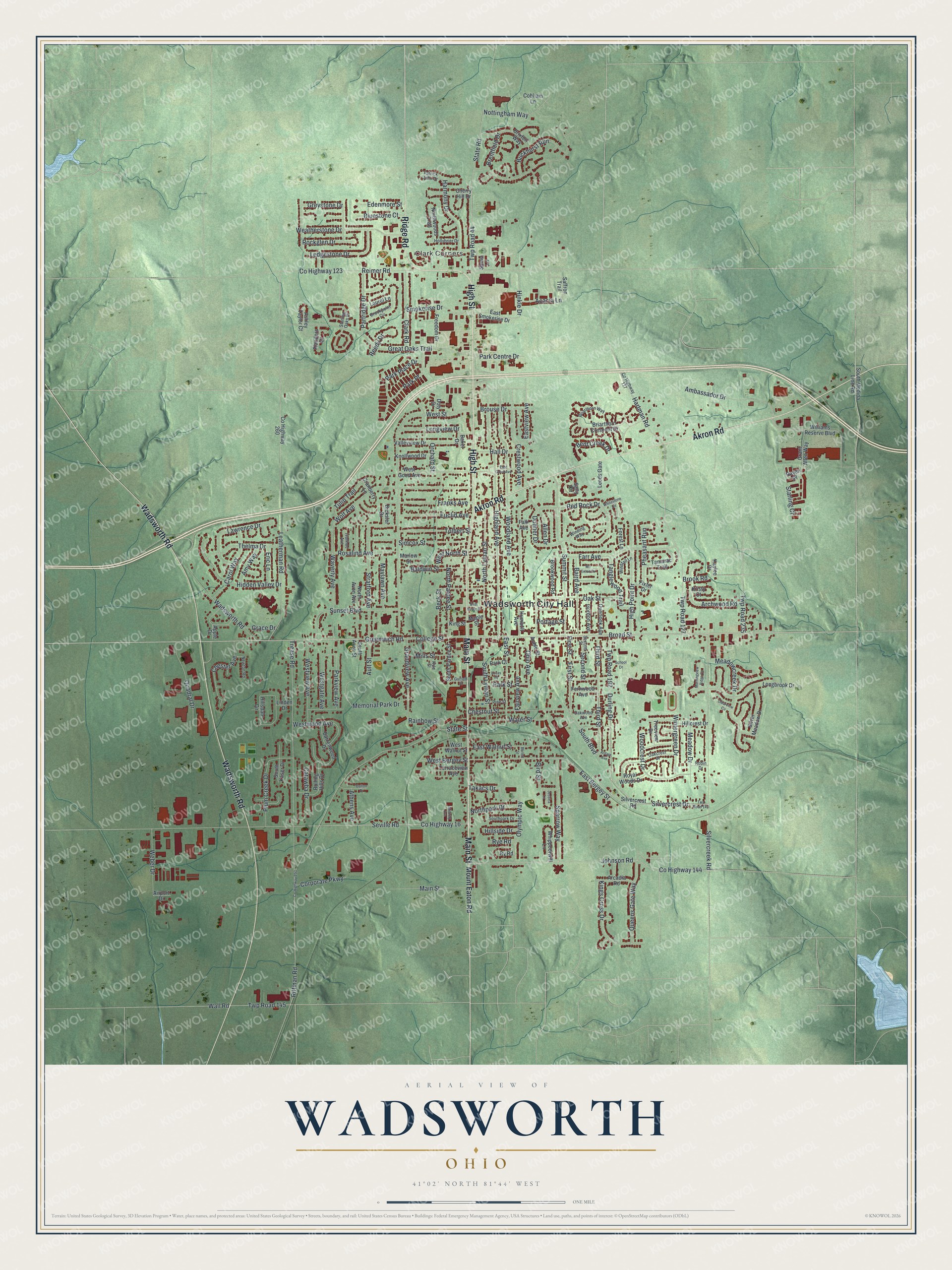 Full map of Wadsworth, Ohio, with red buildings, printed street names and the land around them