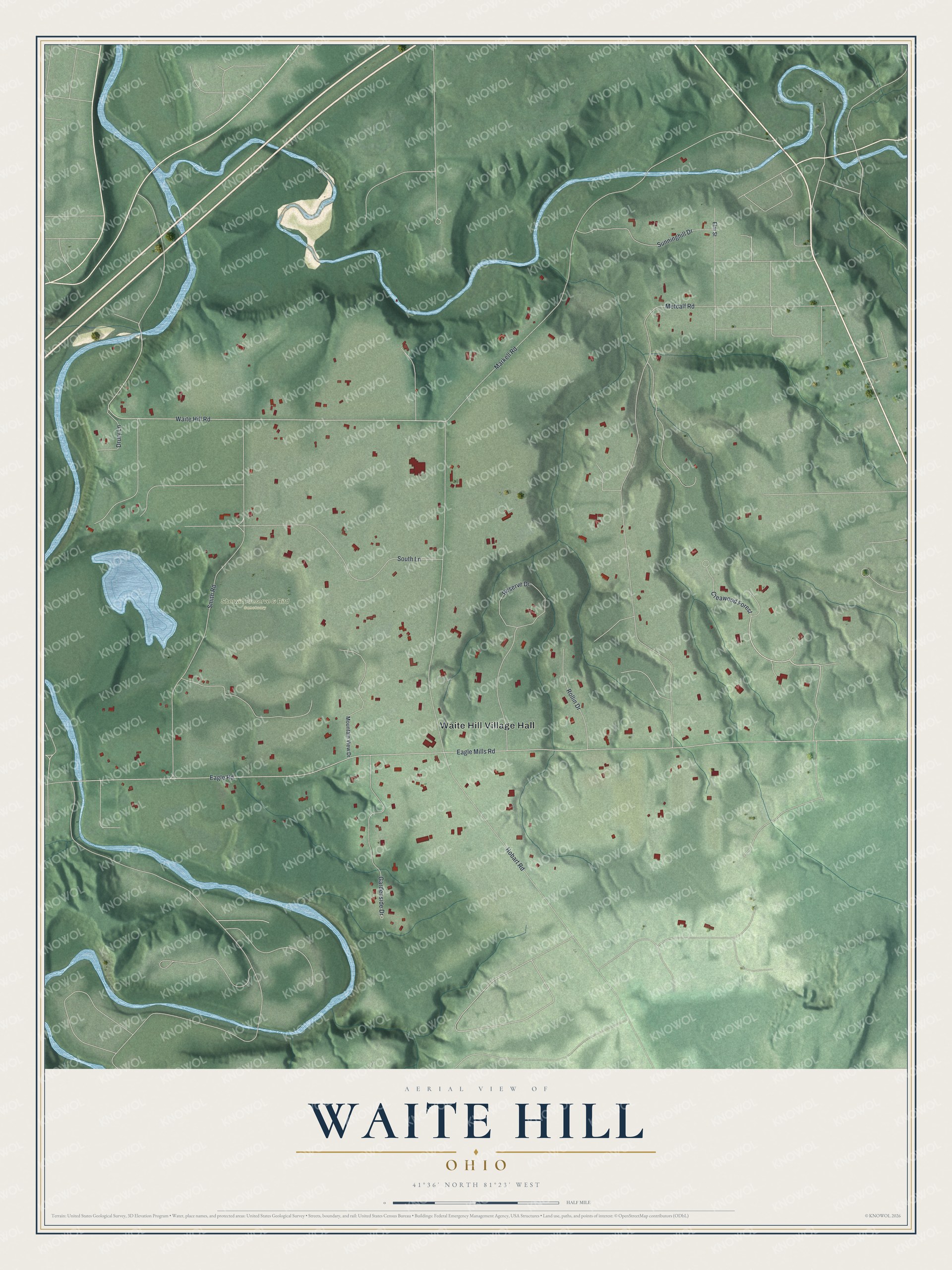 Full map of Waite Hill, Ohio, with red buildings, printed street names and the land around them