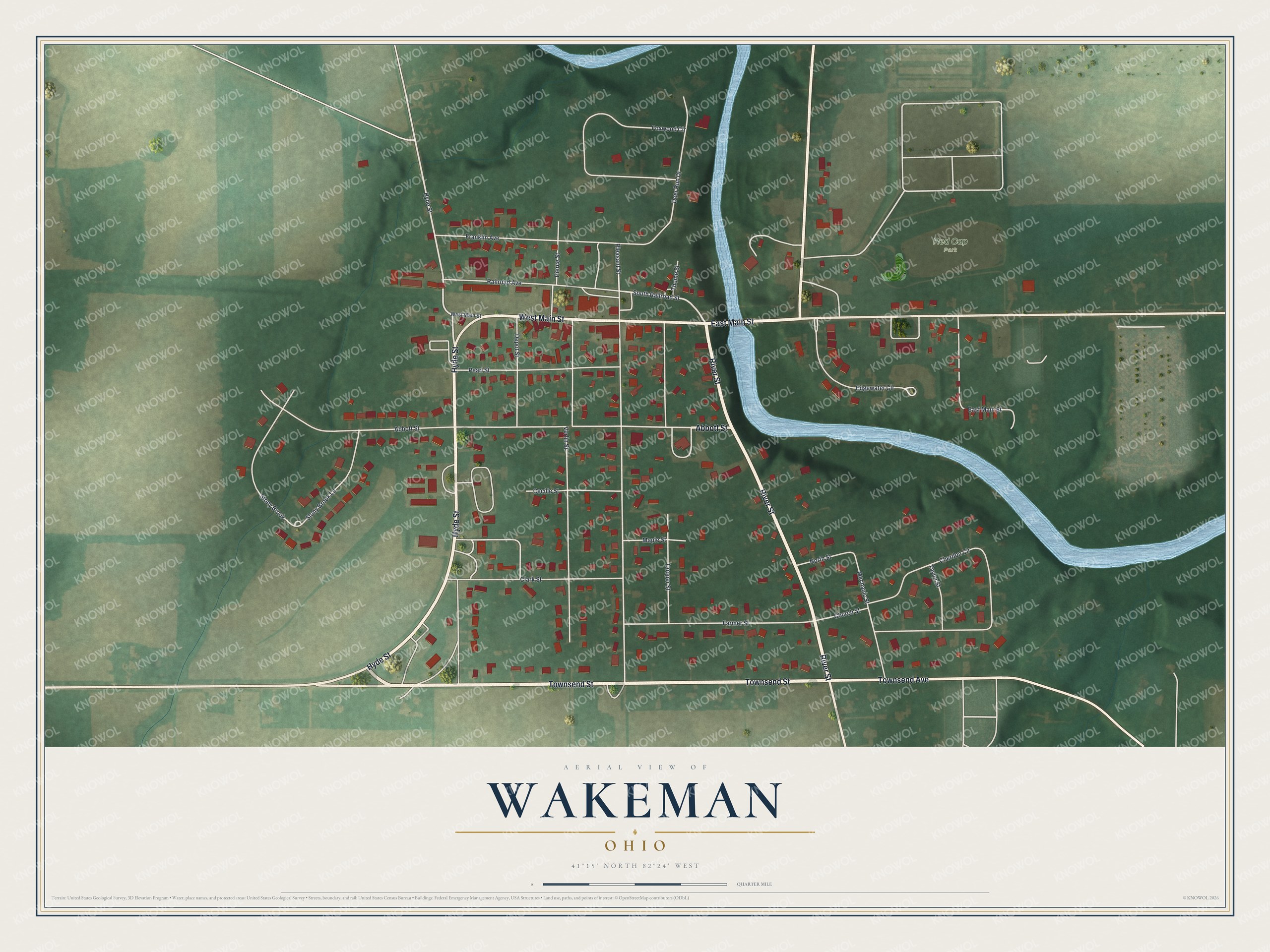 Full Wakeman, Ohio map with red buildings, pale streets, green land, a winding blue river, and a cream title panel
