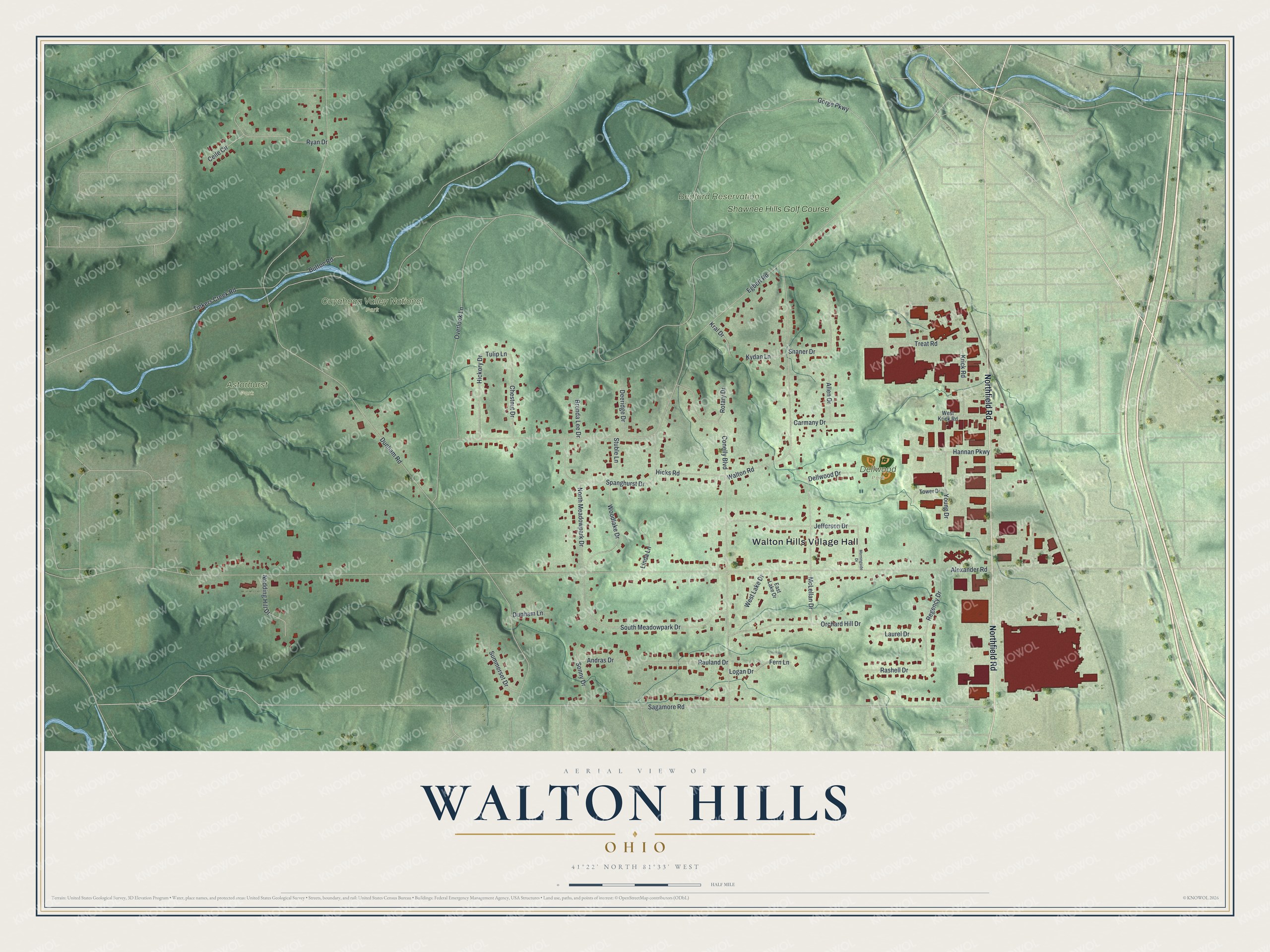 Full map of Walton Hills, Ohio, with red buildings, printed street names and the land around them