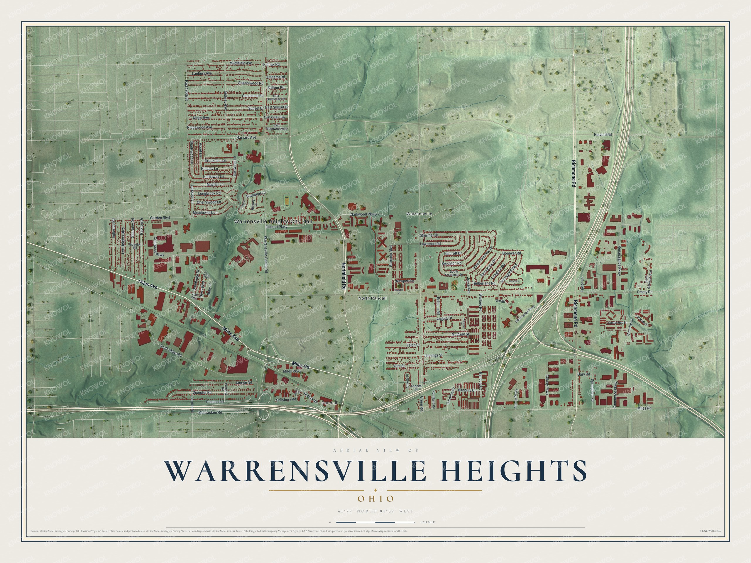 Full map of Warrensville Heights, Ohio, with red buildings, printed street names and the land around them