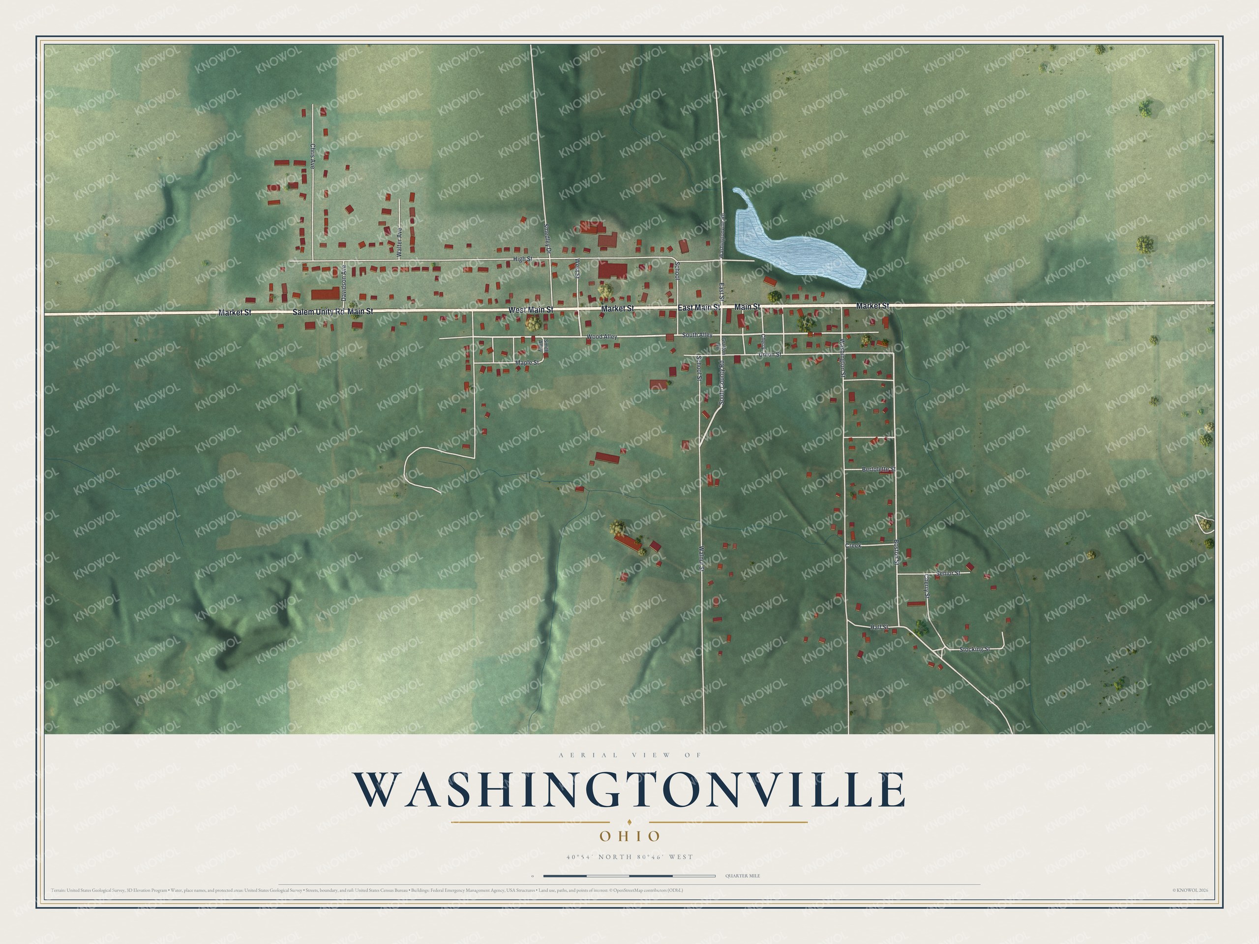 Full map of Washingtonville, Ohio, with red buildings, printed street names and the land around them