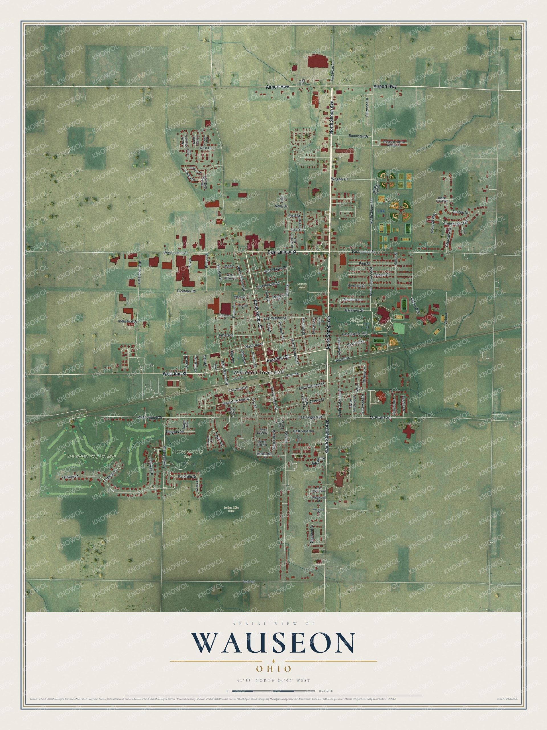 Full aerial map of Wauseon, Ohio, with red buildings, green parks, open fields, named streets, and a cream title panel