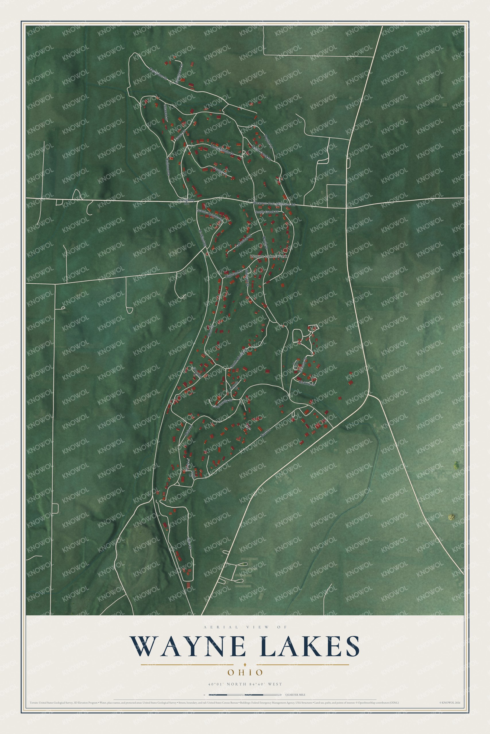 Full map of Wayne Lakes, Ohio, with red buildings, printed street names and the land around them