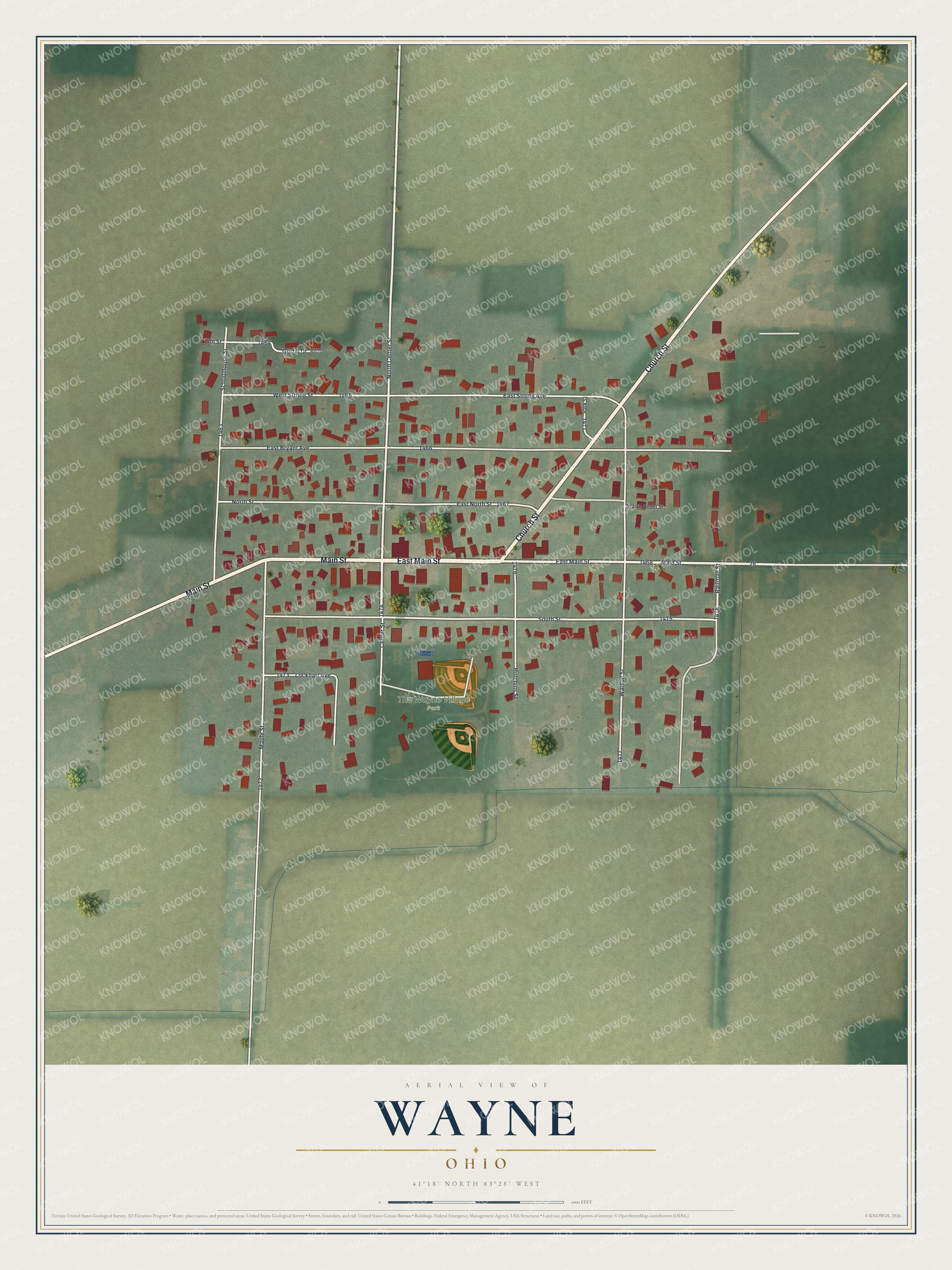 Full map of Wayne, Ohio, with red buildings, printed street names and the land around them