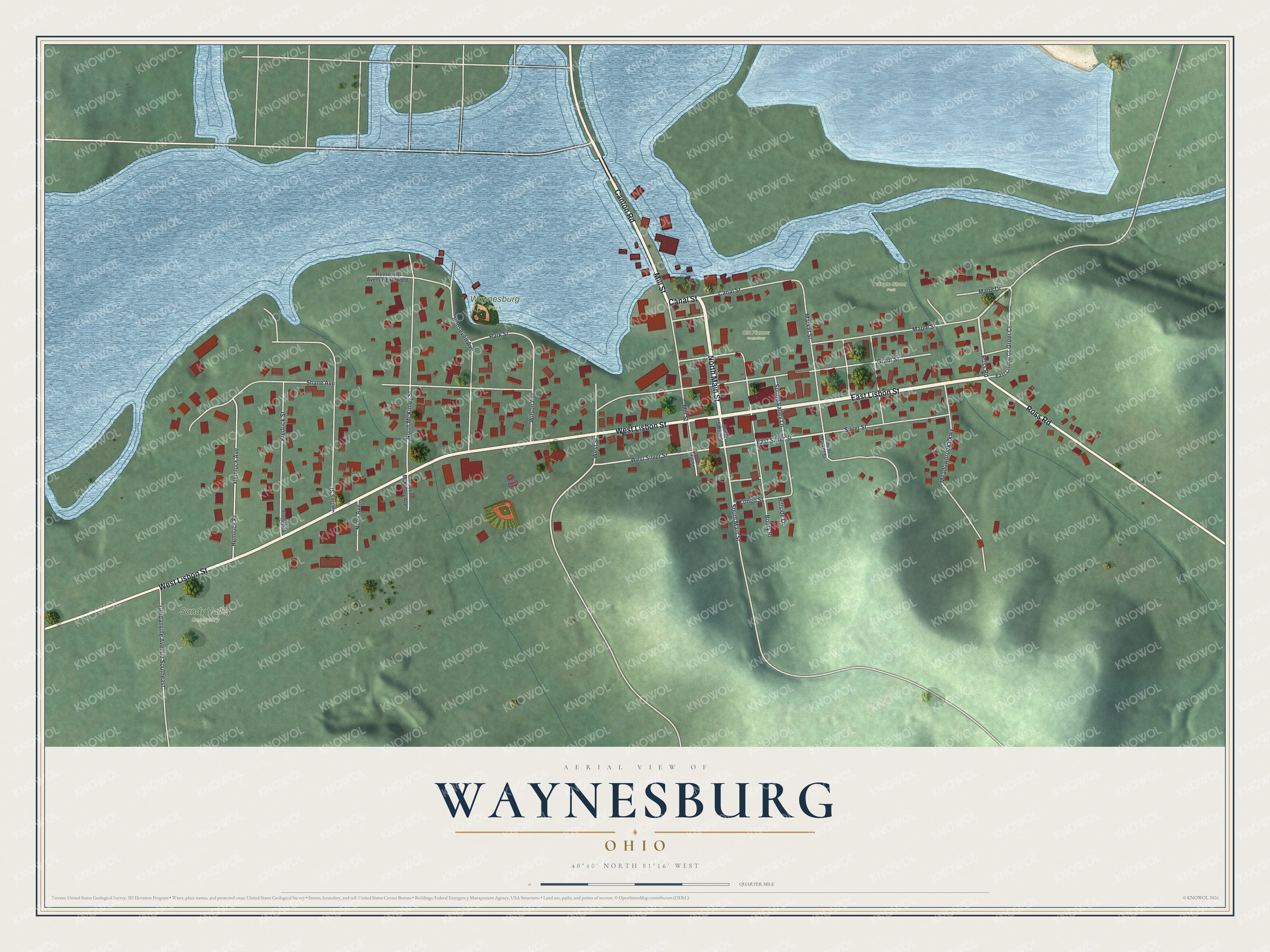Full map of Waynesburg, Ohio, with red buildings, printed street names and the land around them
