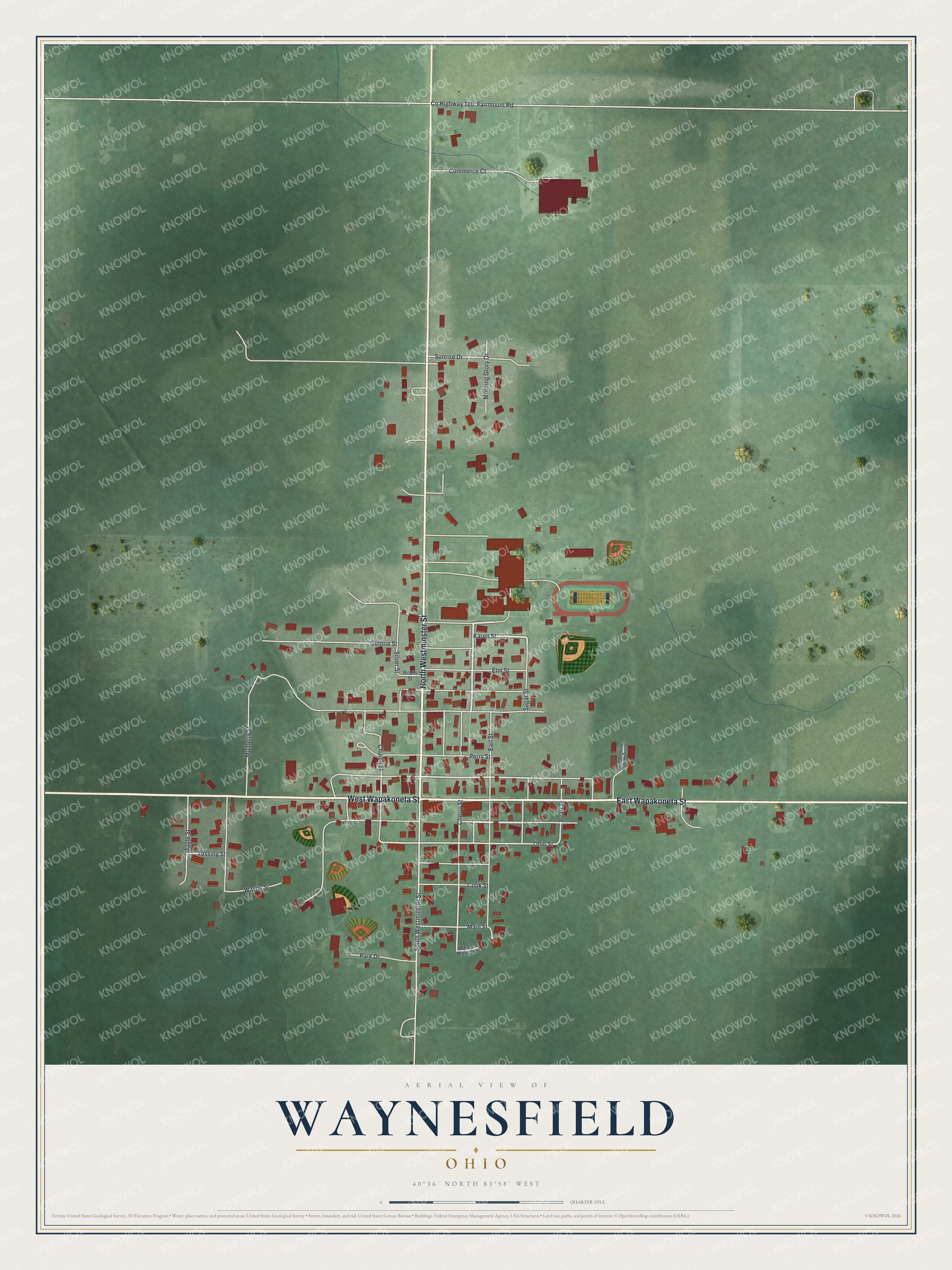Full map of Waynesfield, Ohio, with red buildings, printed street names and the land around them