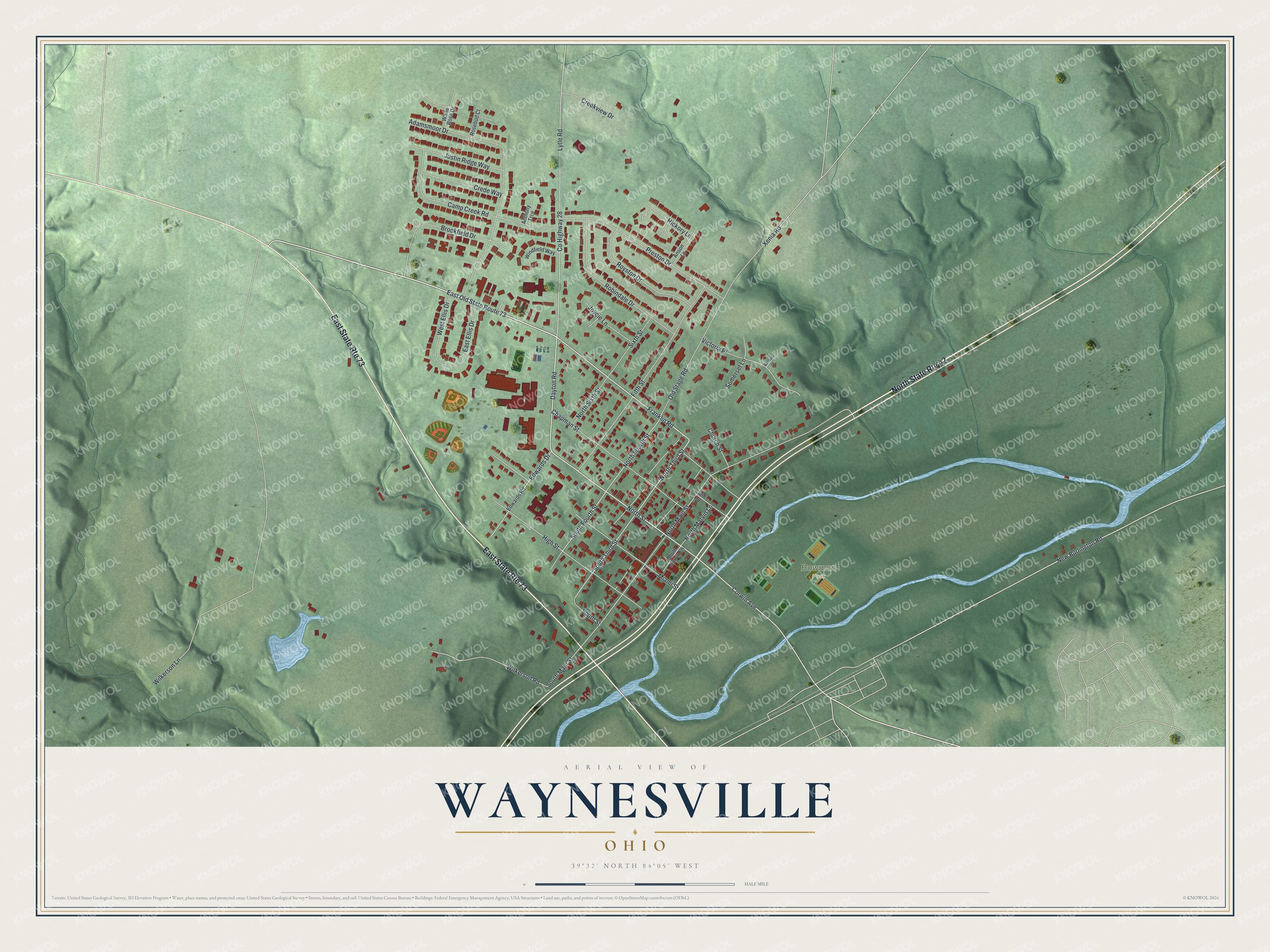 Aerial style map of Waynesville, Ohio with red buildings, green hills and a blue river crossing the lower right