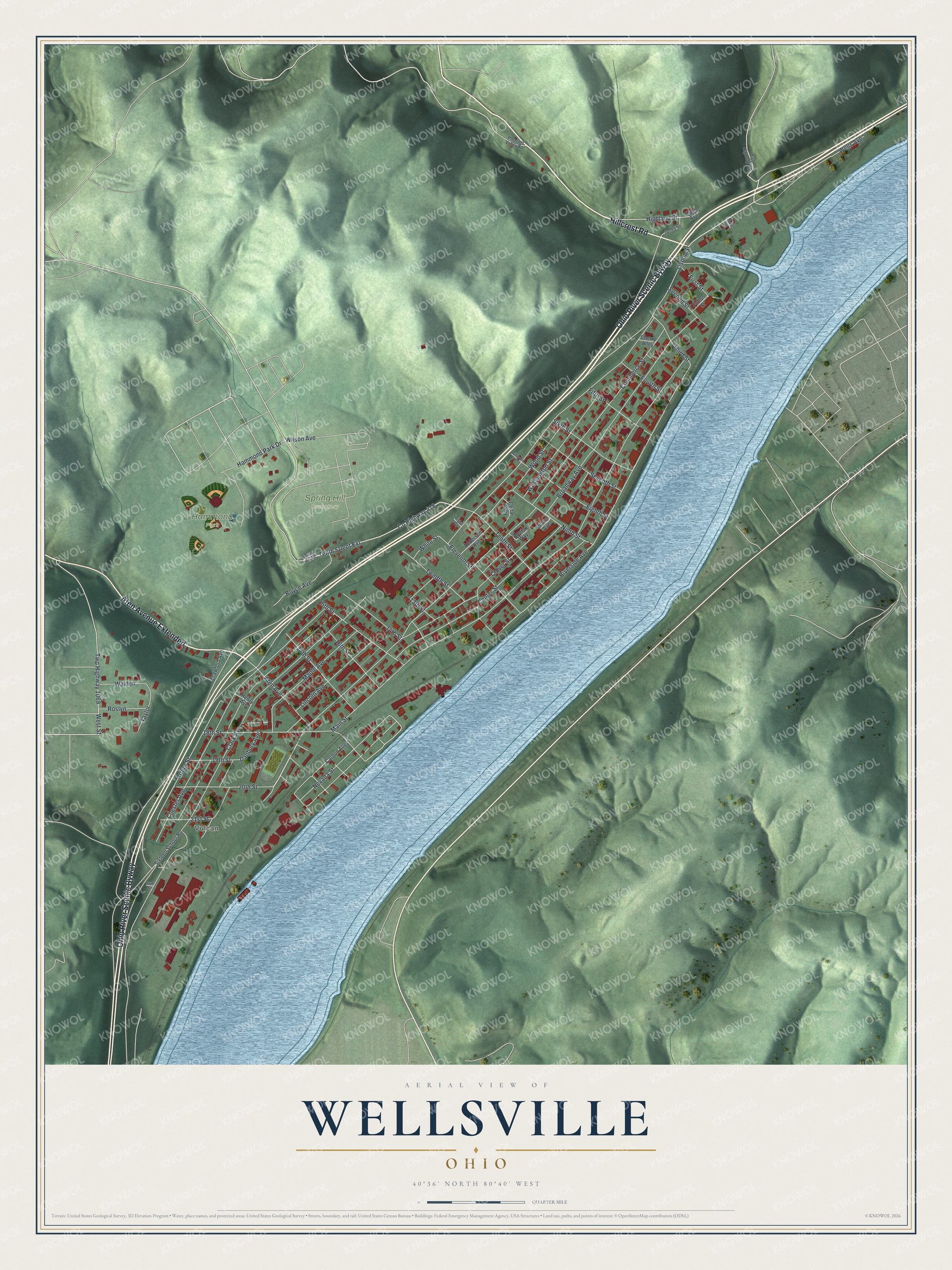 Full map of Wellsville, Ohio, with red buildings, printed street names and the land around them