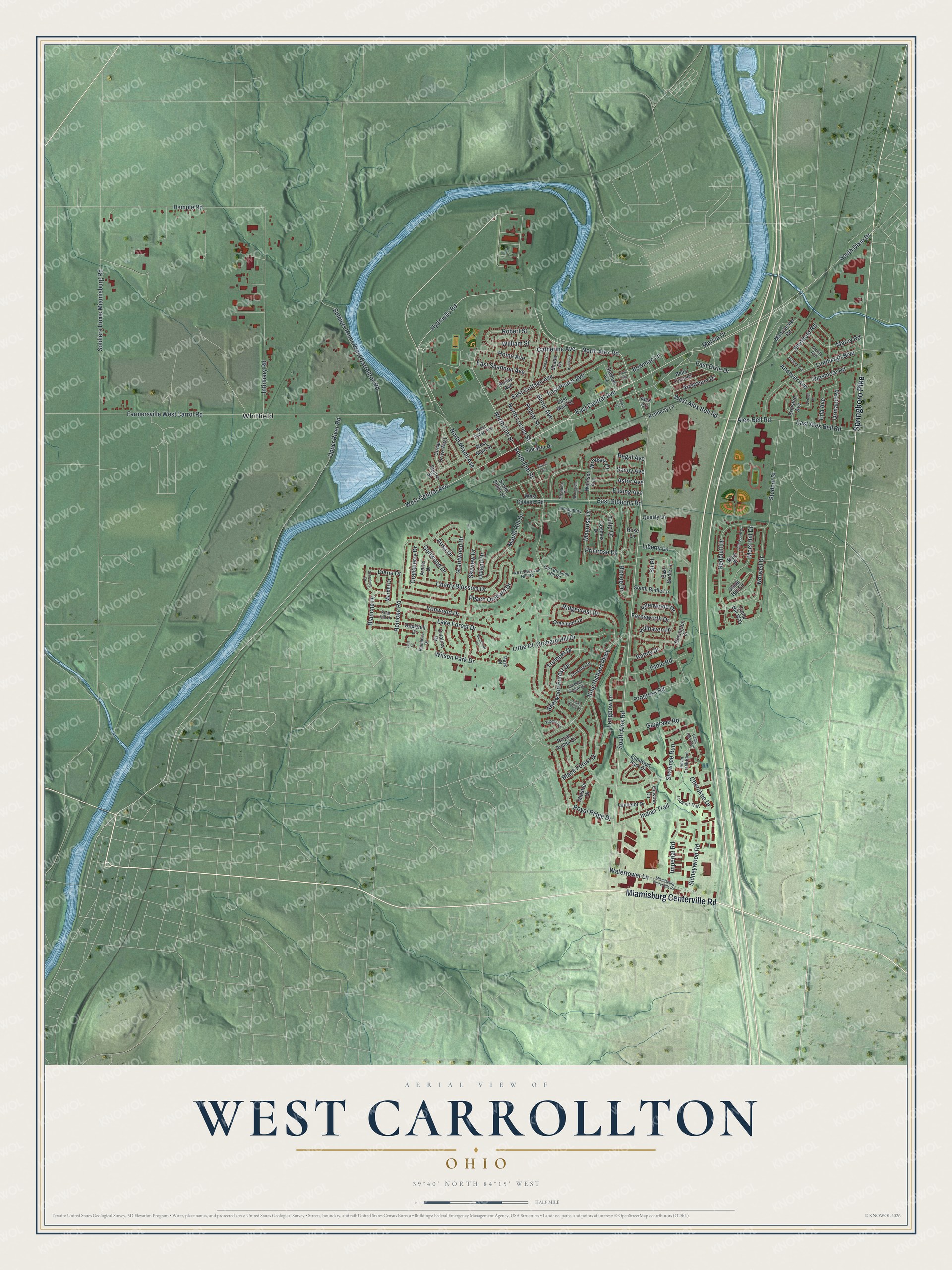 West Carrollton, Ohio aerial map with red buildings, green shaded hills, a winding blue river, and a cream title panel