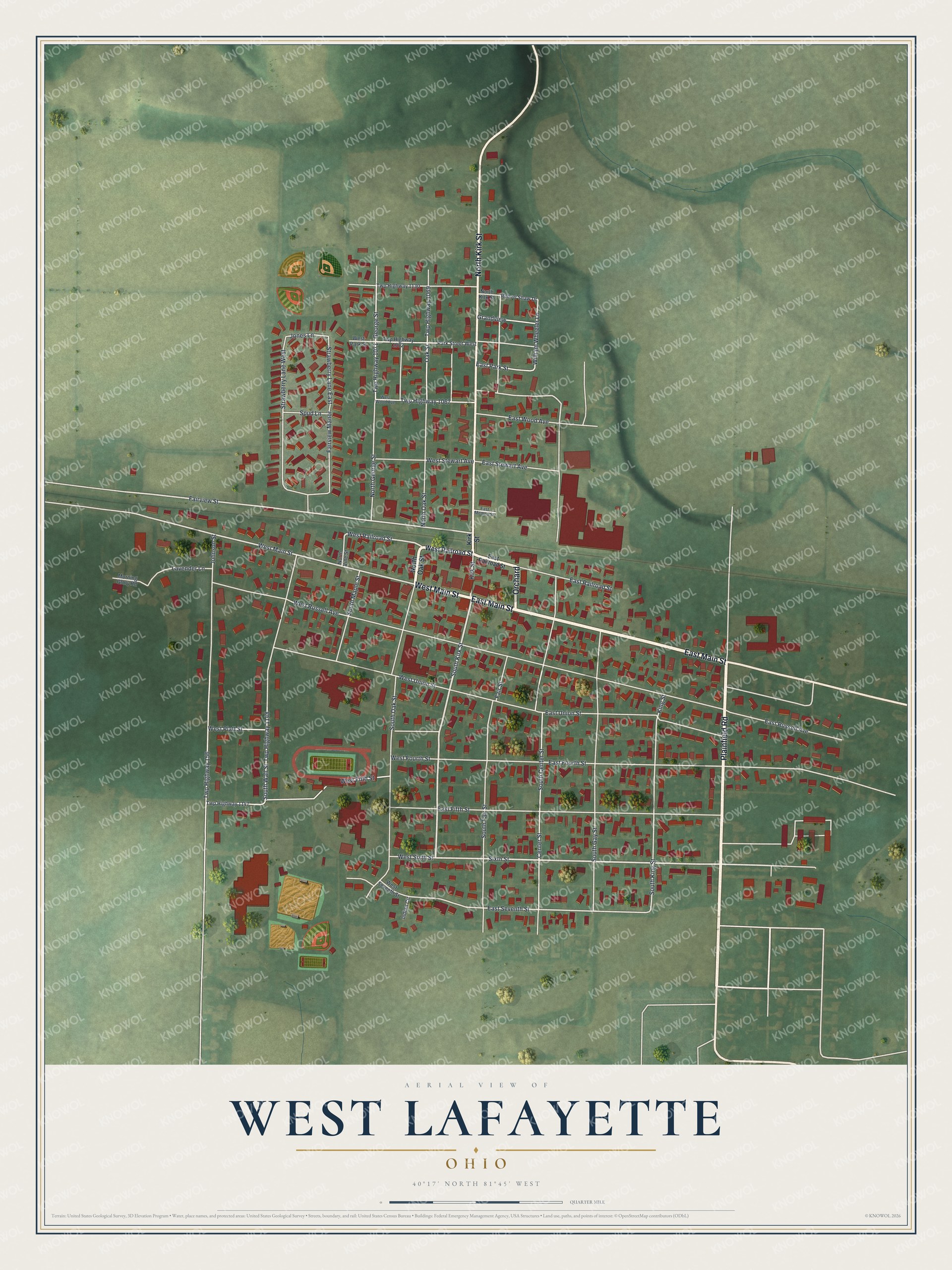 Full map of West Lafayette, Ohio, with red buildings, printed street names and the land around them