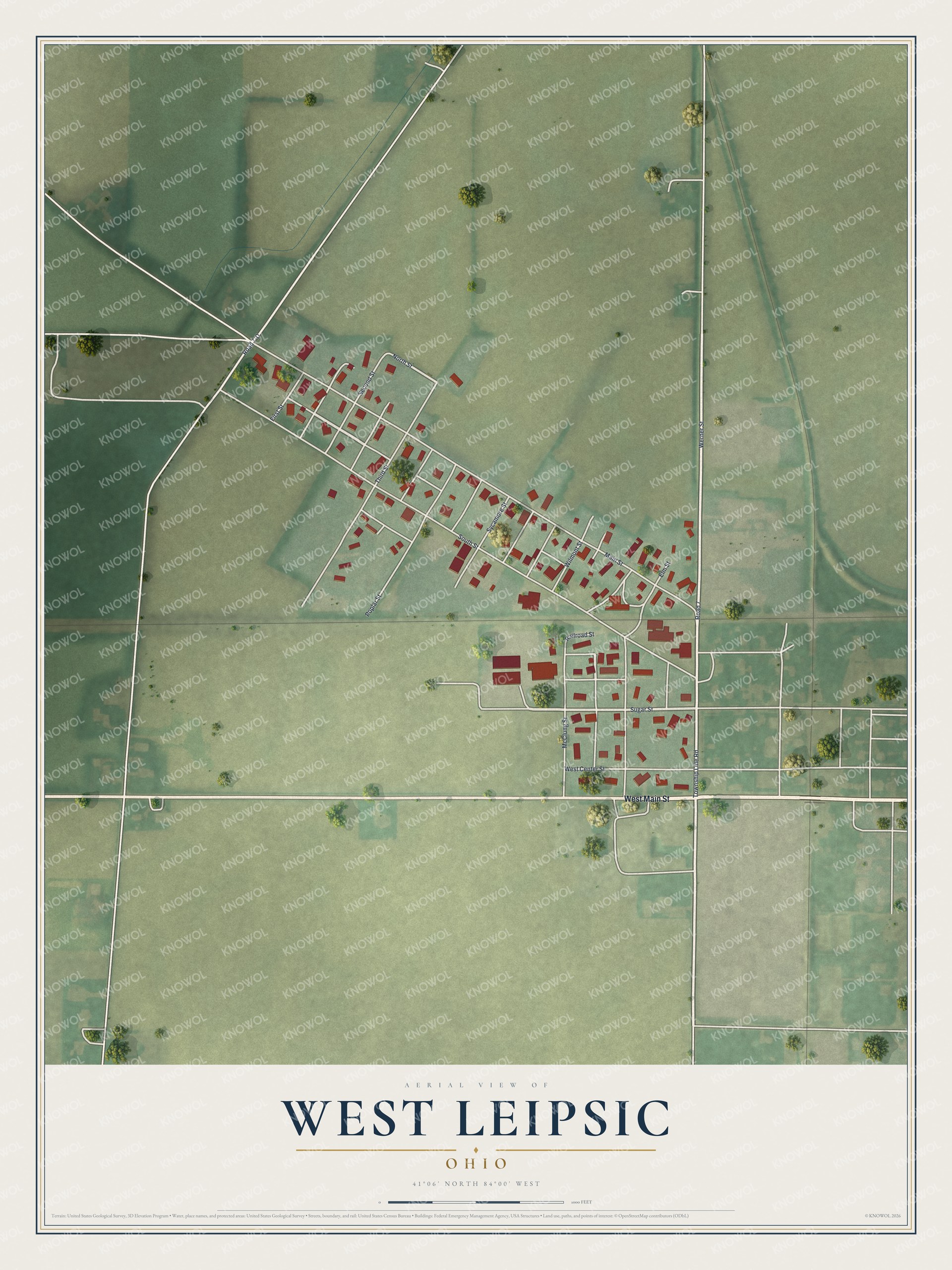 Full map of West Leipsic, Ohio, with red buildings, printed street names and the land around them