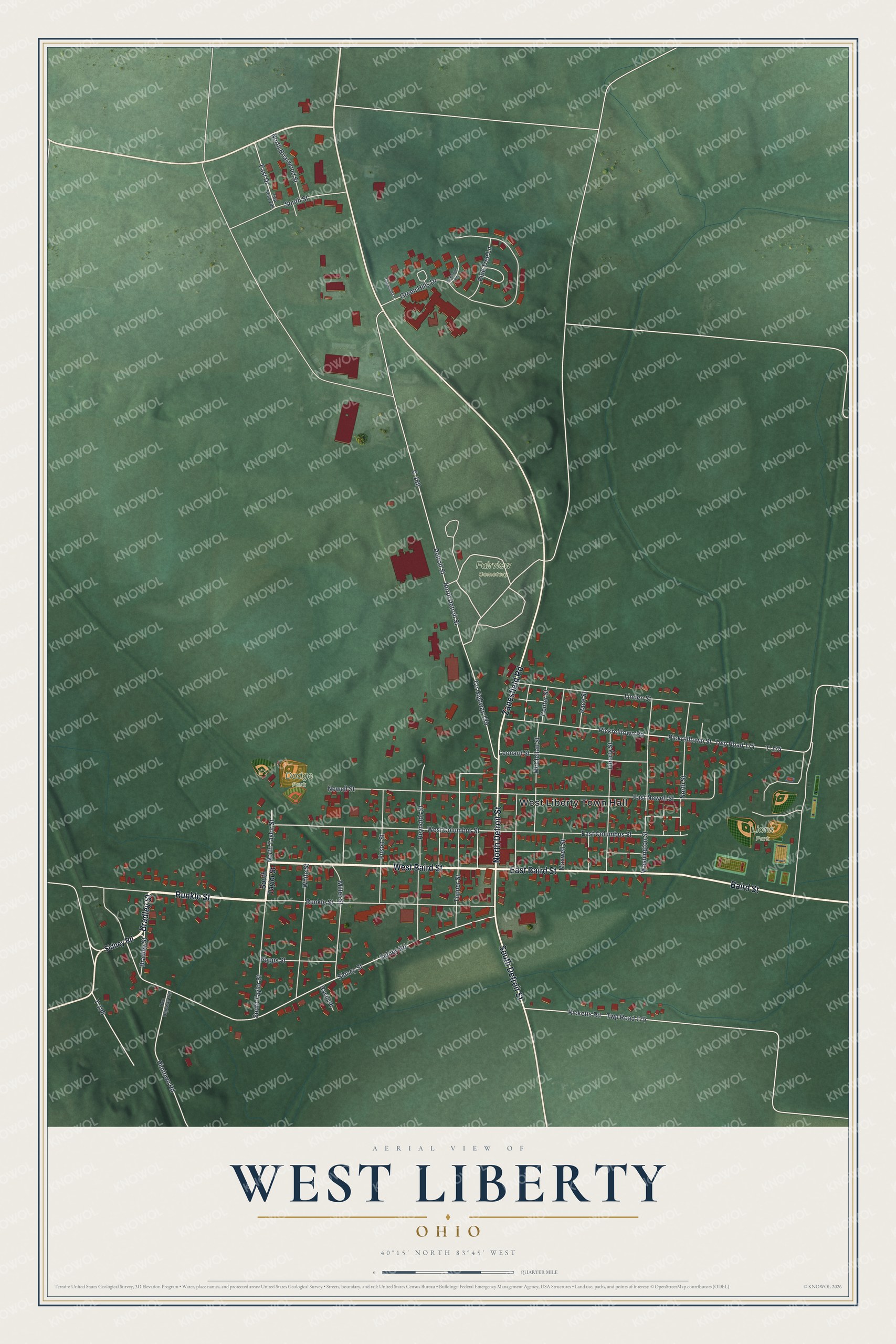 Full map of West Liberty, Ohio, with red buildings, printed street names and the land around them
