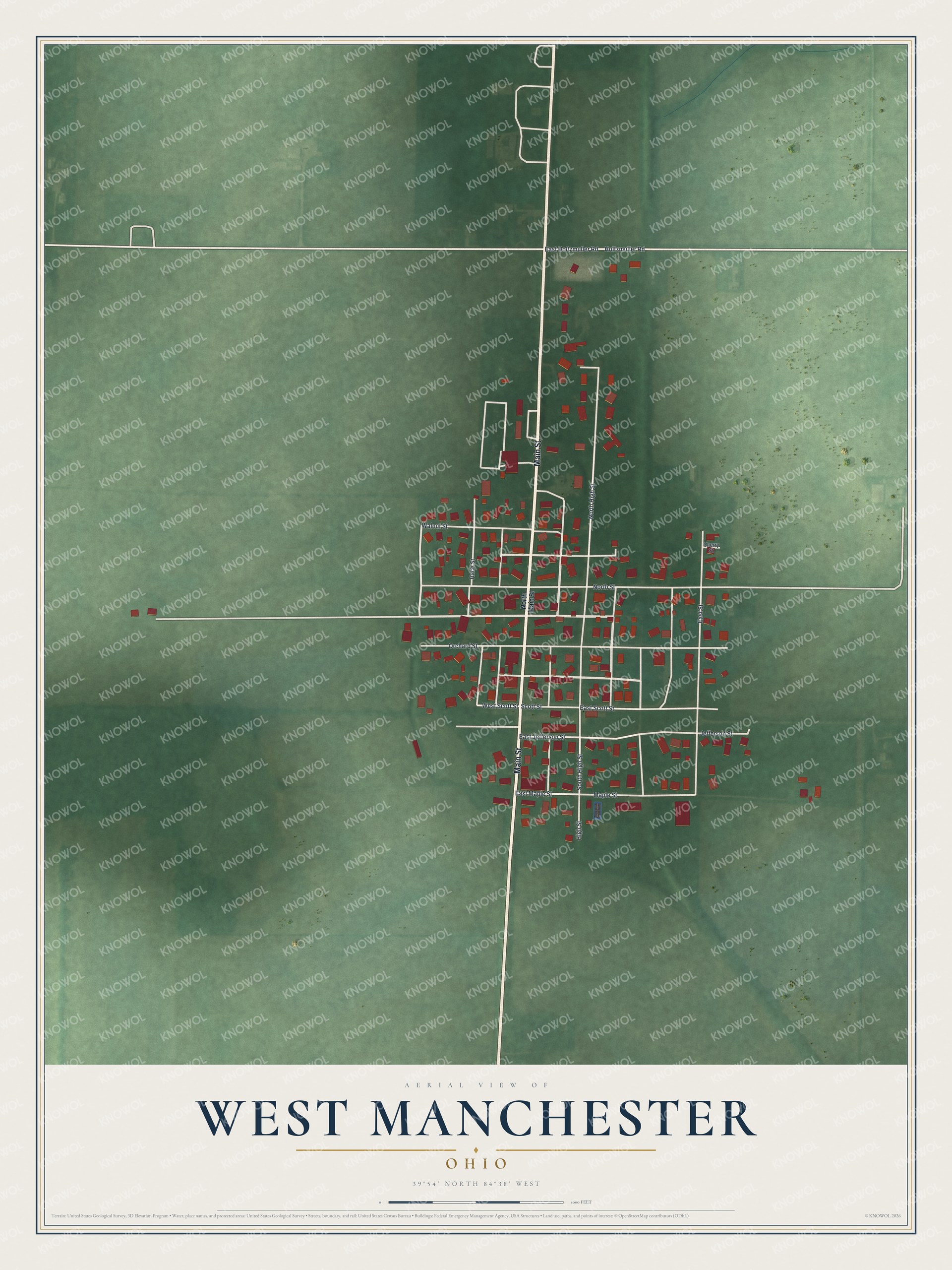 Full map of West Manchester, Ohio, with red buildings, printed street names and the land around them