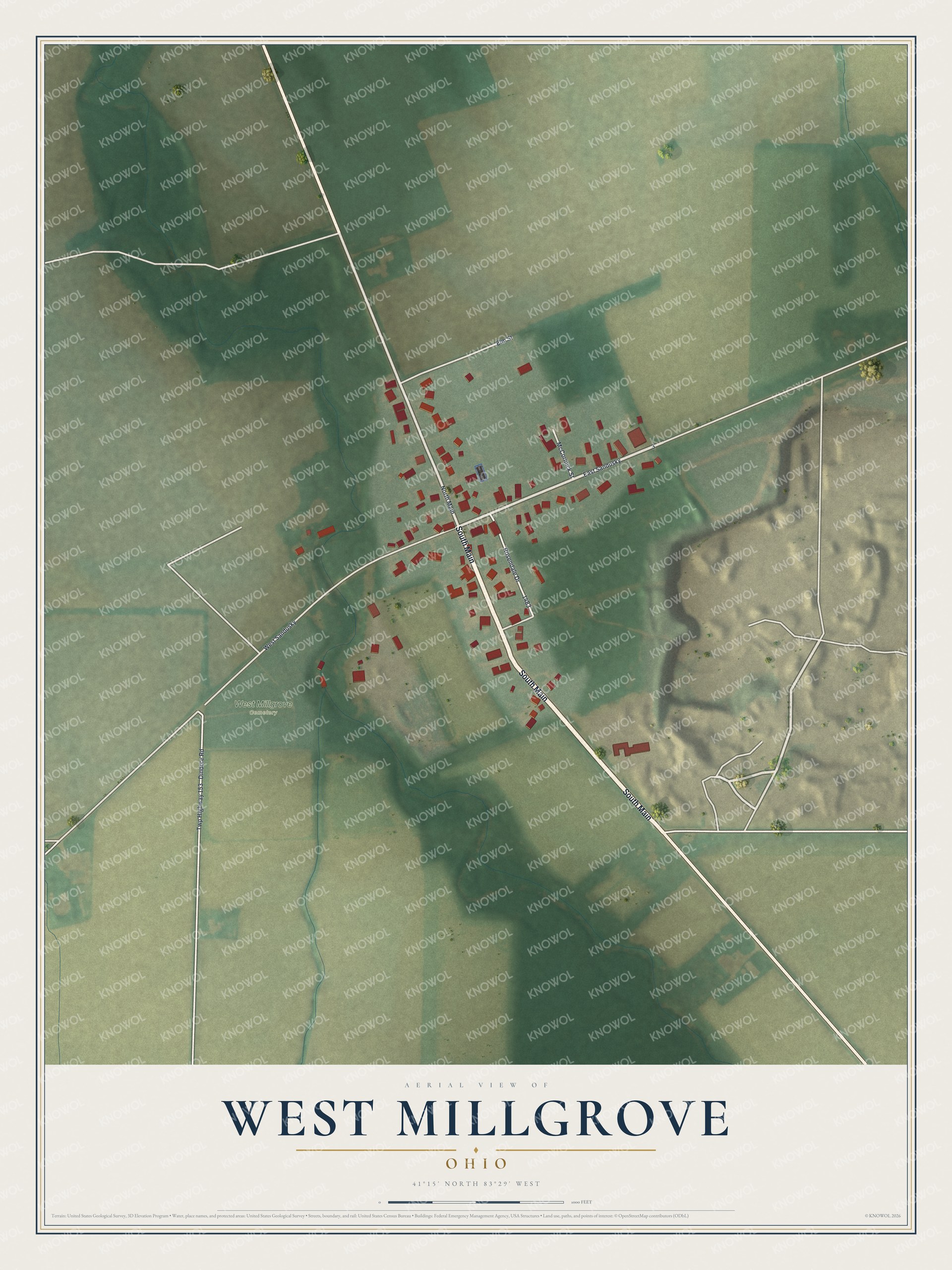 Full map of West Millgrove, Ohio, with red buildings, printed street names and the land around them