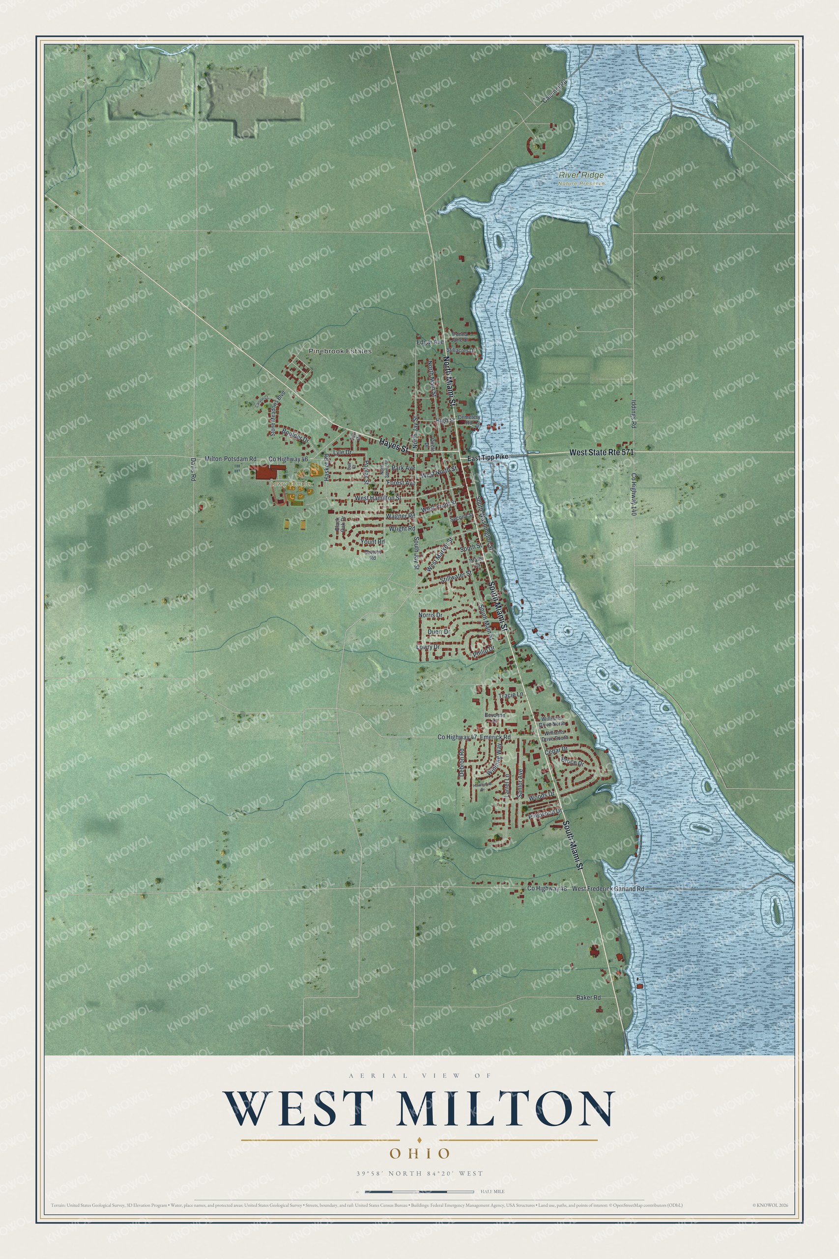 Full map of West Milton, Ohio, with red buildings, printed street names and the land around them