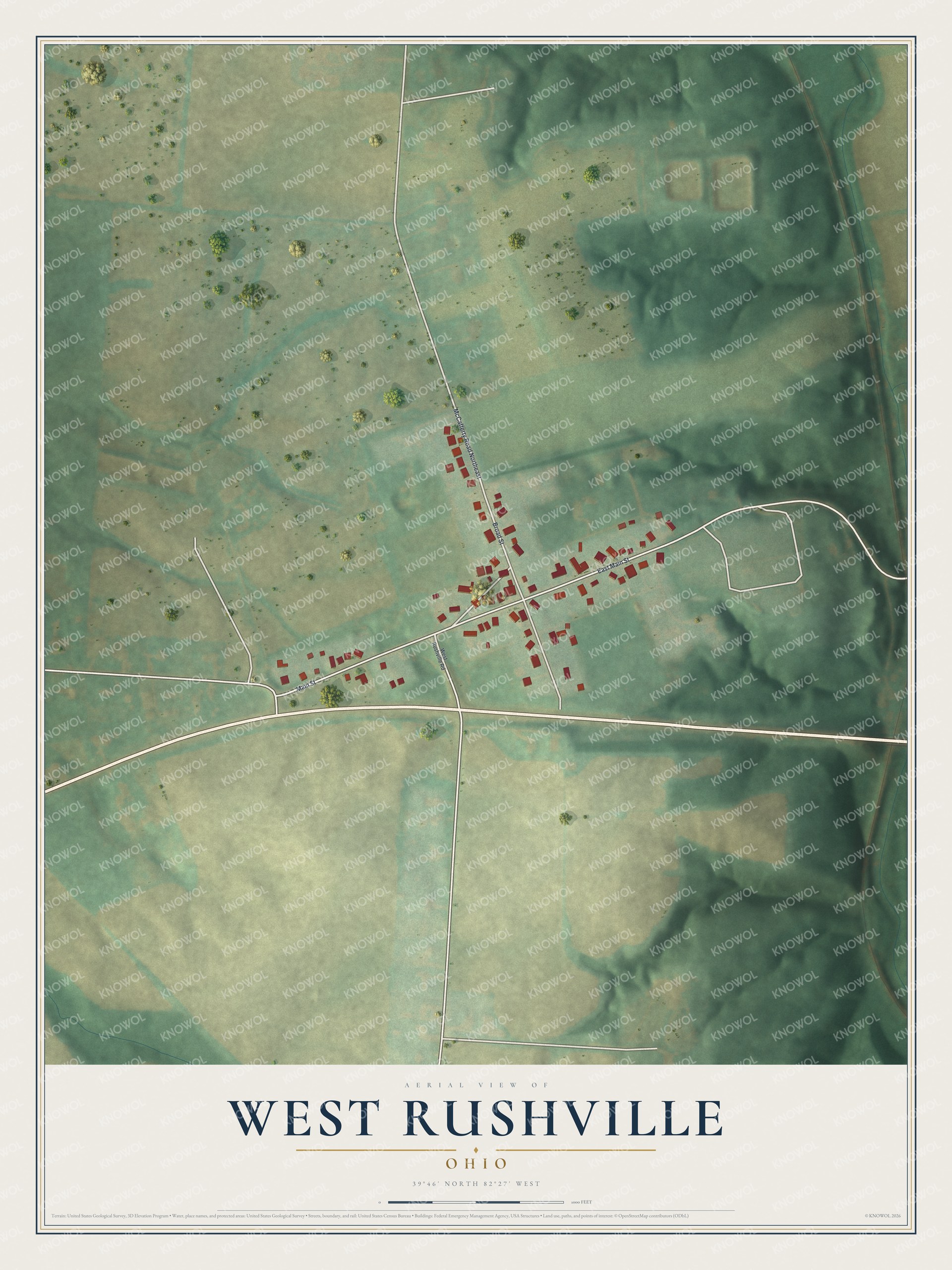 Full map of West Rushville, Ohio, with red buildings, printed street names and the land around them