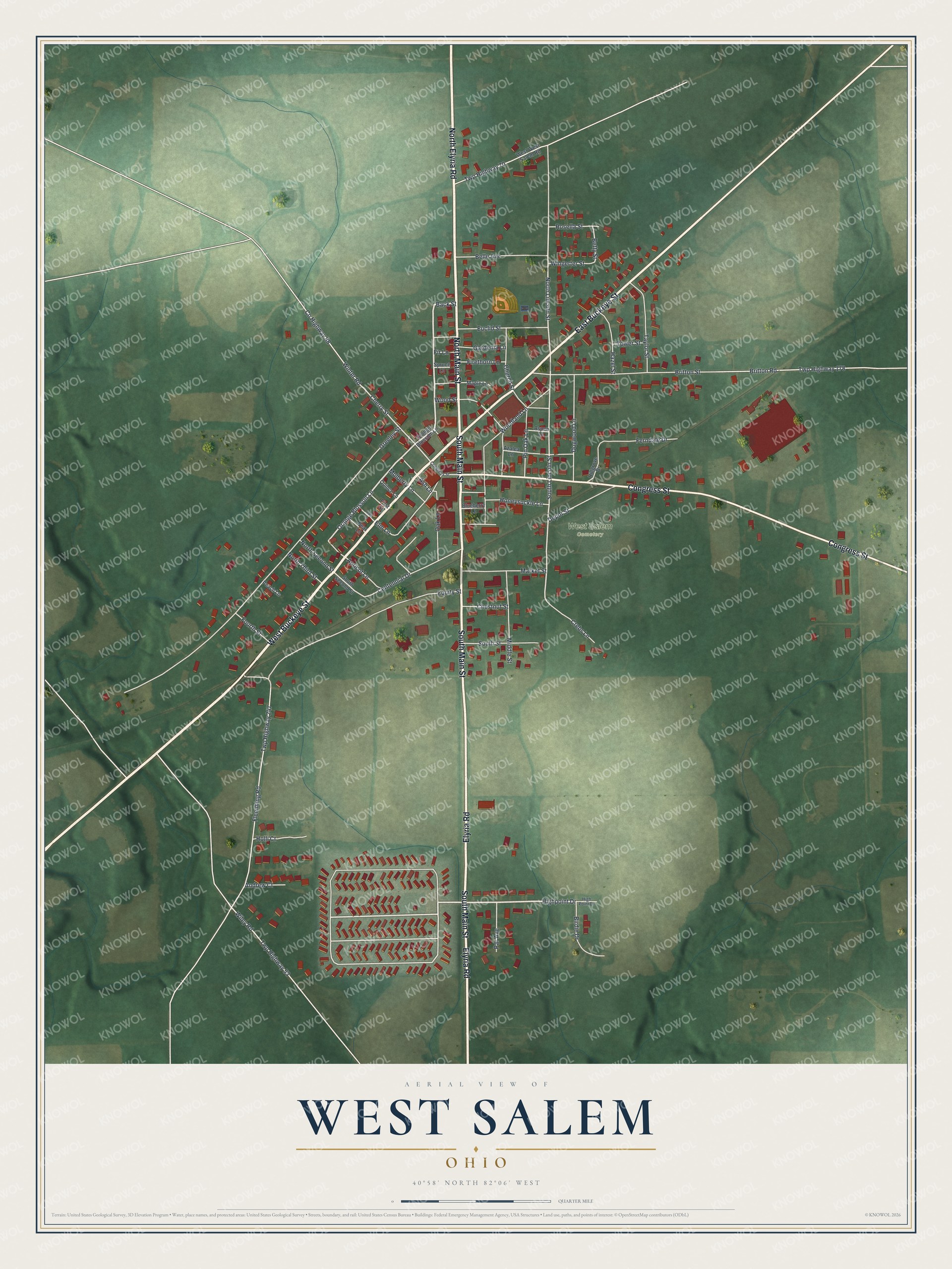 Full aerial map of West Salem, Ohio, with red buildings, pale streets, green fields, and a cream title panel
