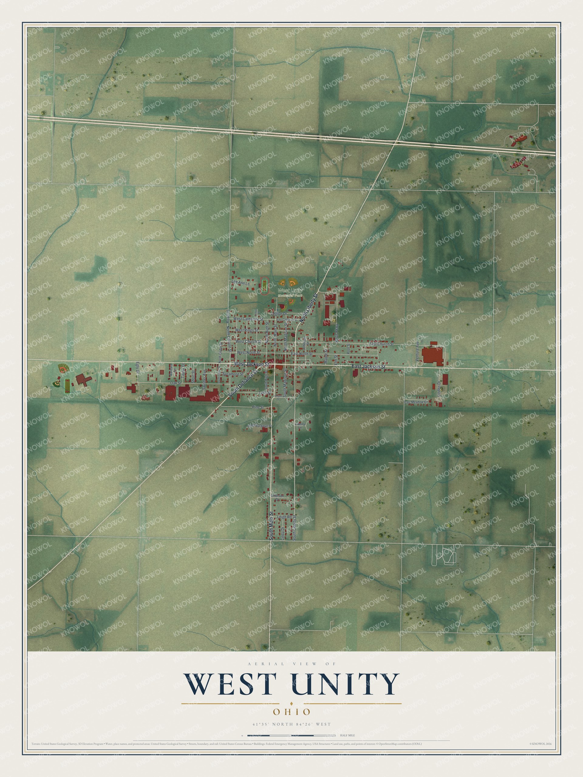 Full map of West Unity, Ohio, with red buildings, printed street names and the land around them