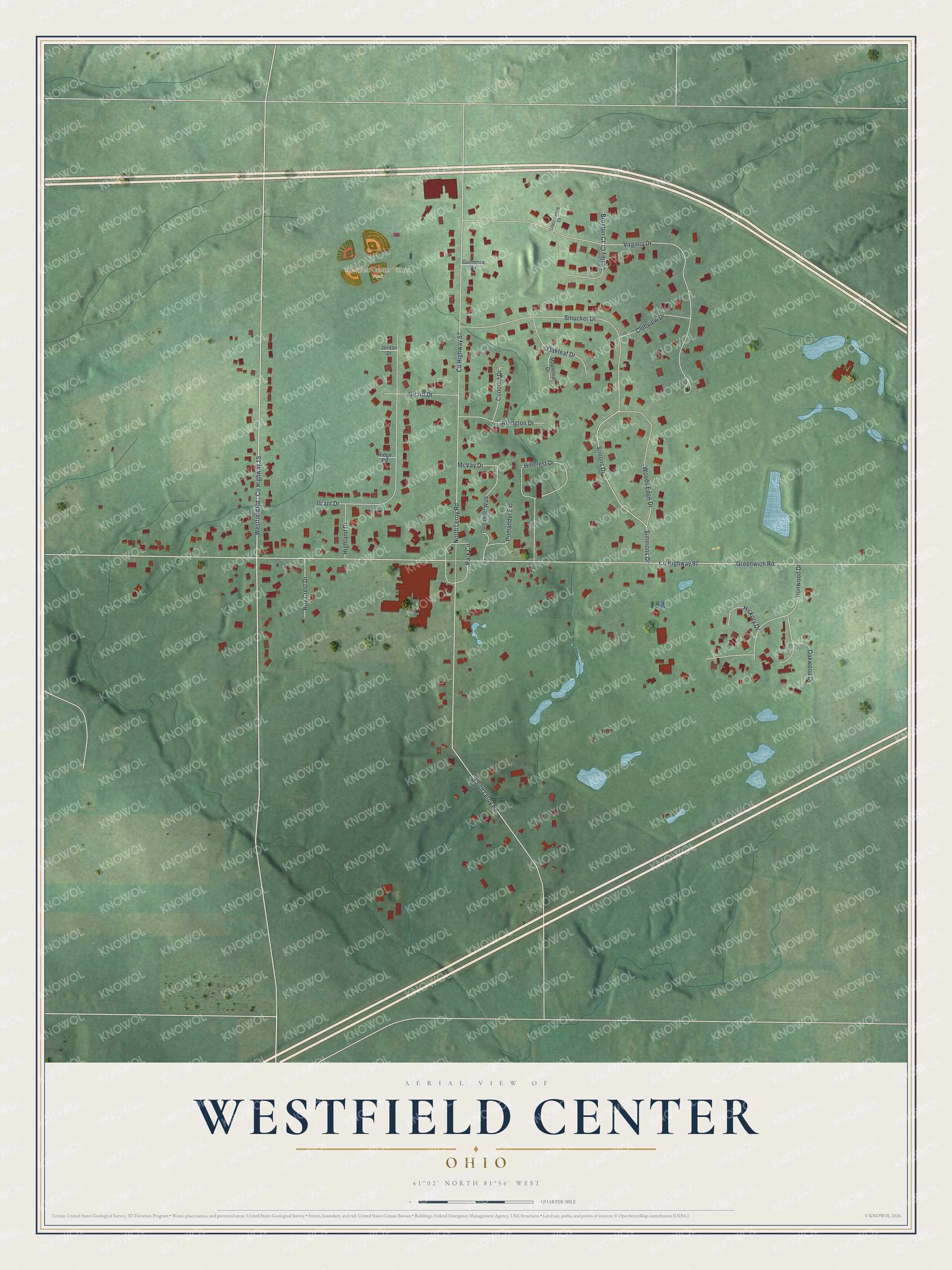 Full map of Westfield Center, Ohio, with red buildings, printed street names and the land around them