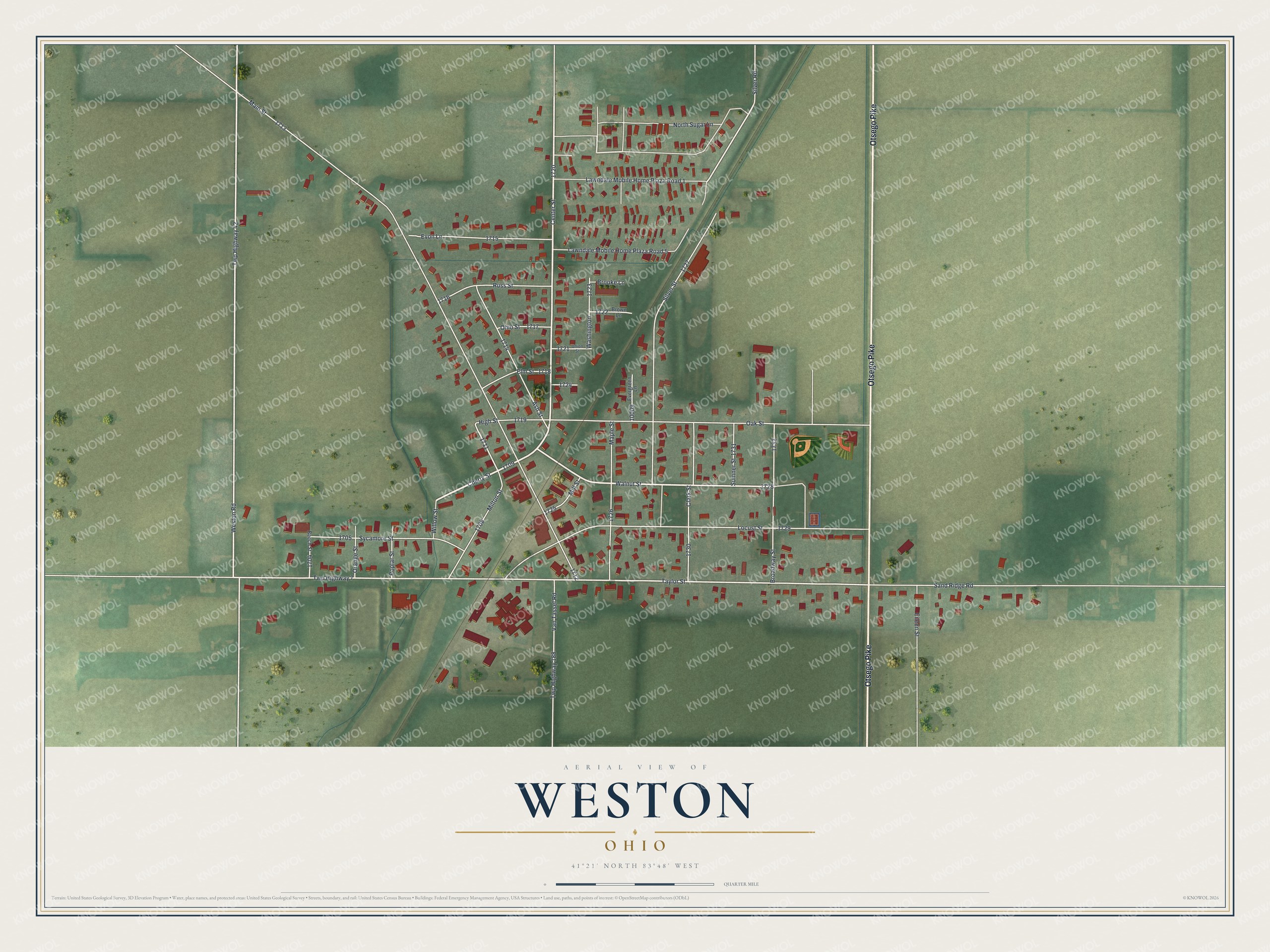 Full map of Weston, Ohio, with red buildings, printed street names and the land around them
