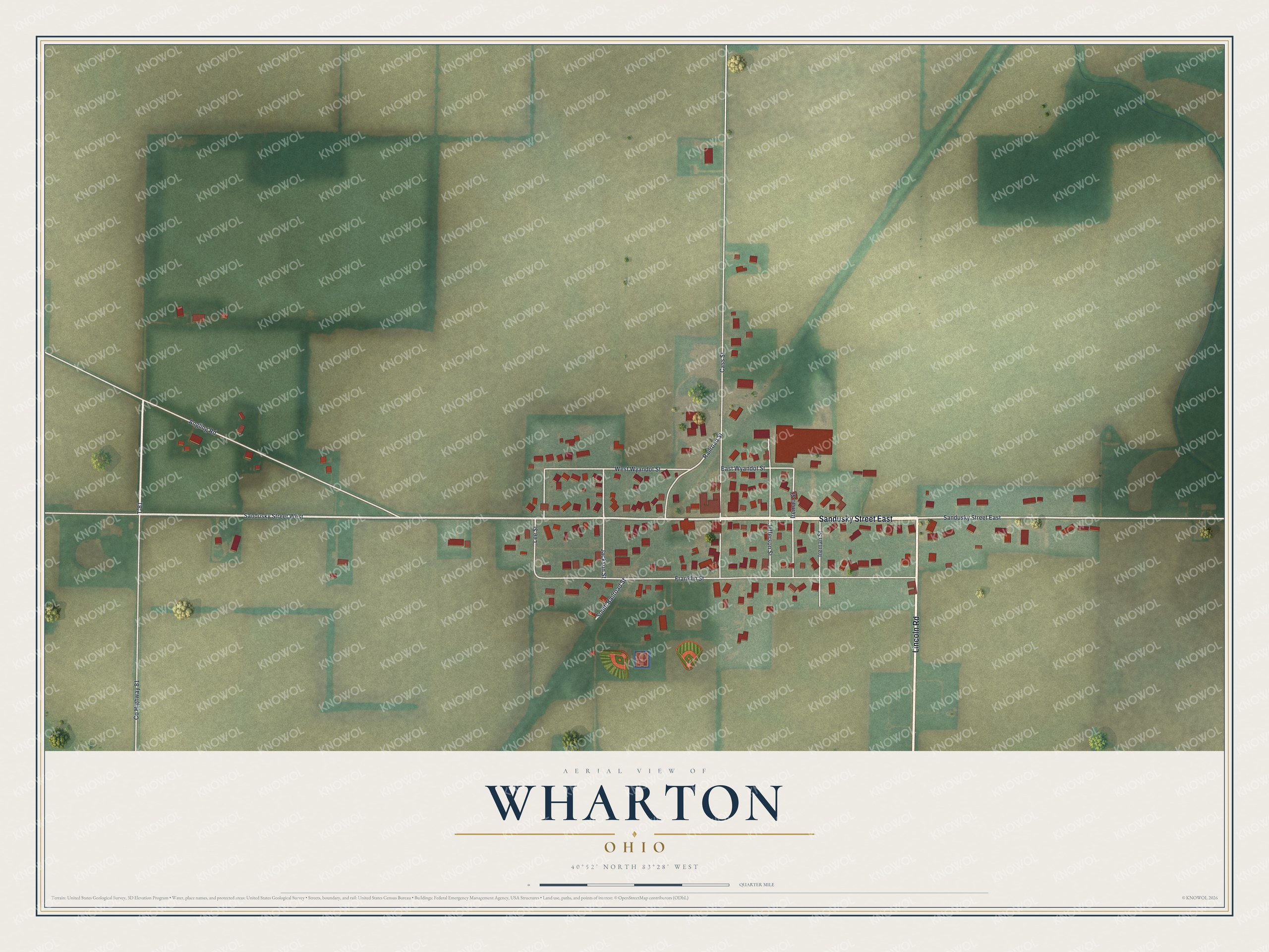 Full map of Wharton, Ohio, with red buildings, printed street names and the land around them