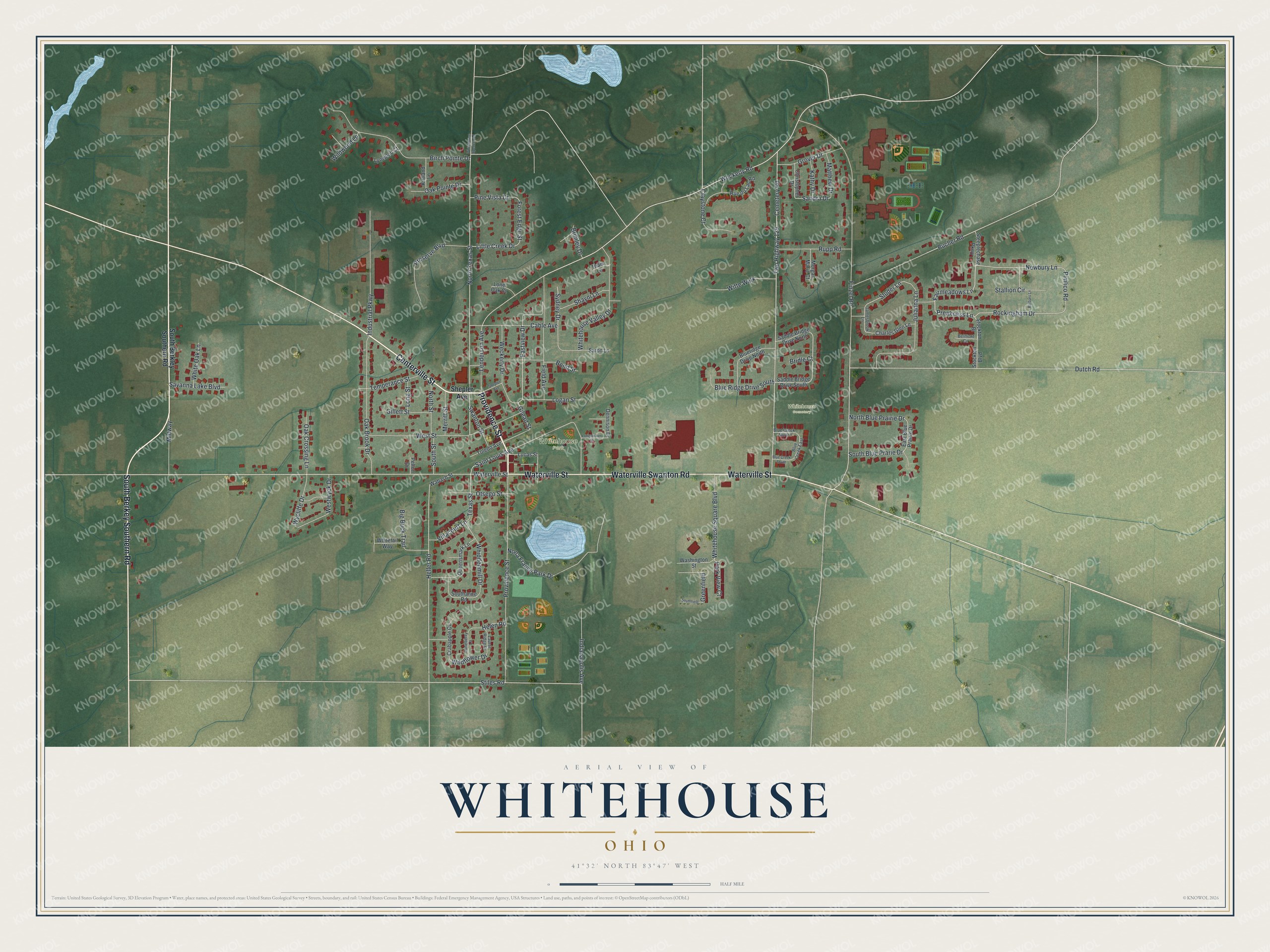 Full map of Whitehouse, Ohio, with red buildings, printed street names and the land around them