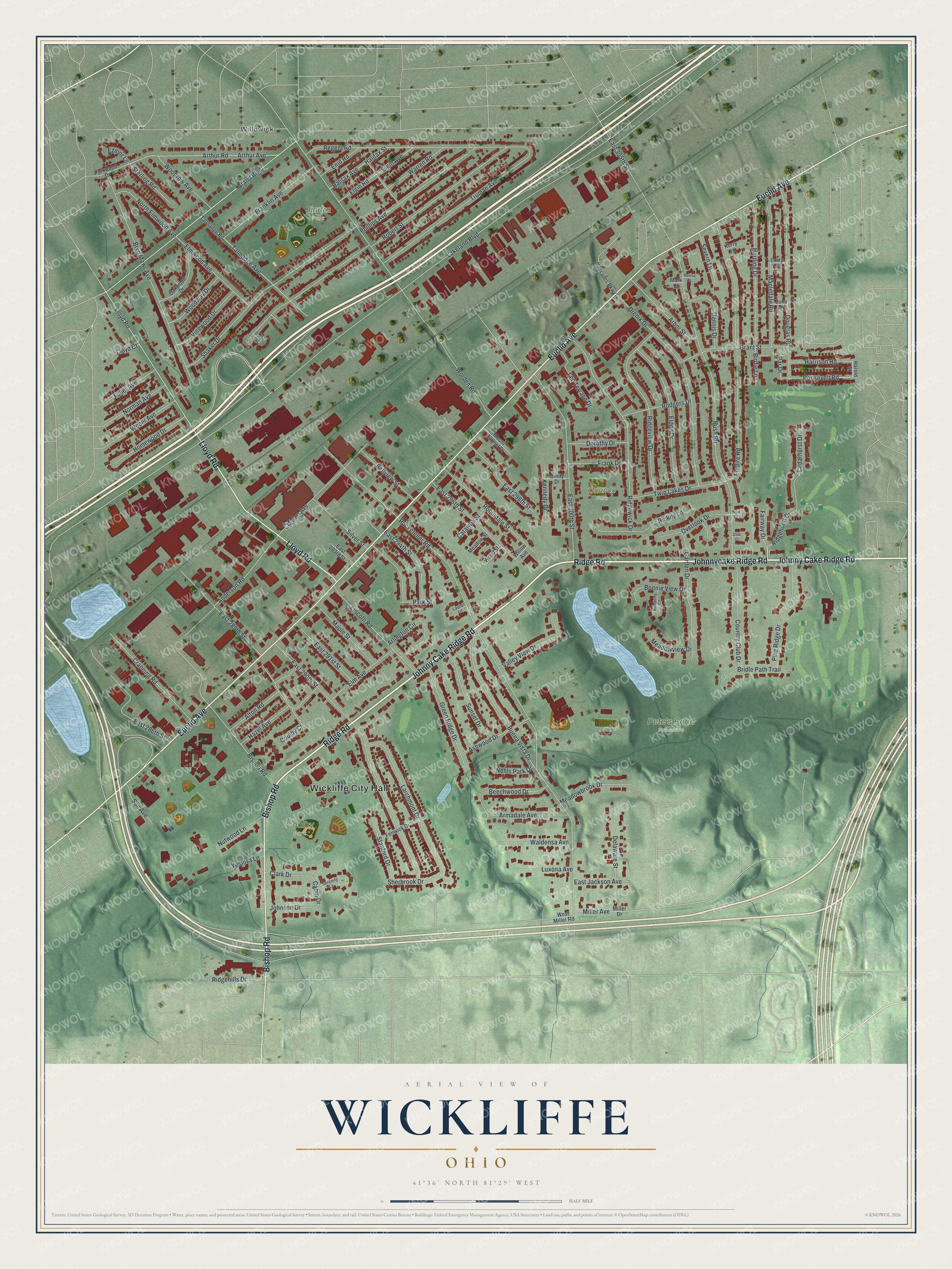 Full map of Wickliffe, Ohio, with red buildings, printed street names and the land around them