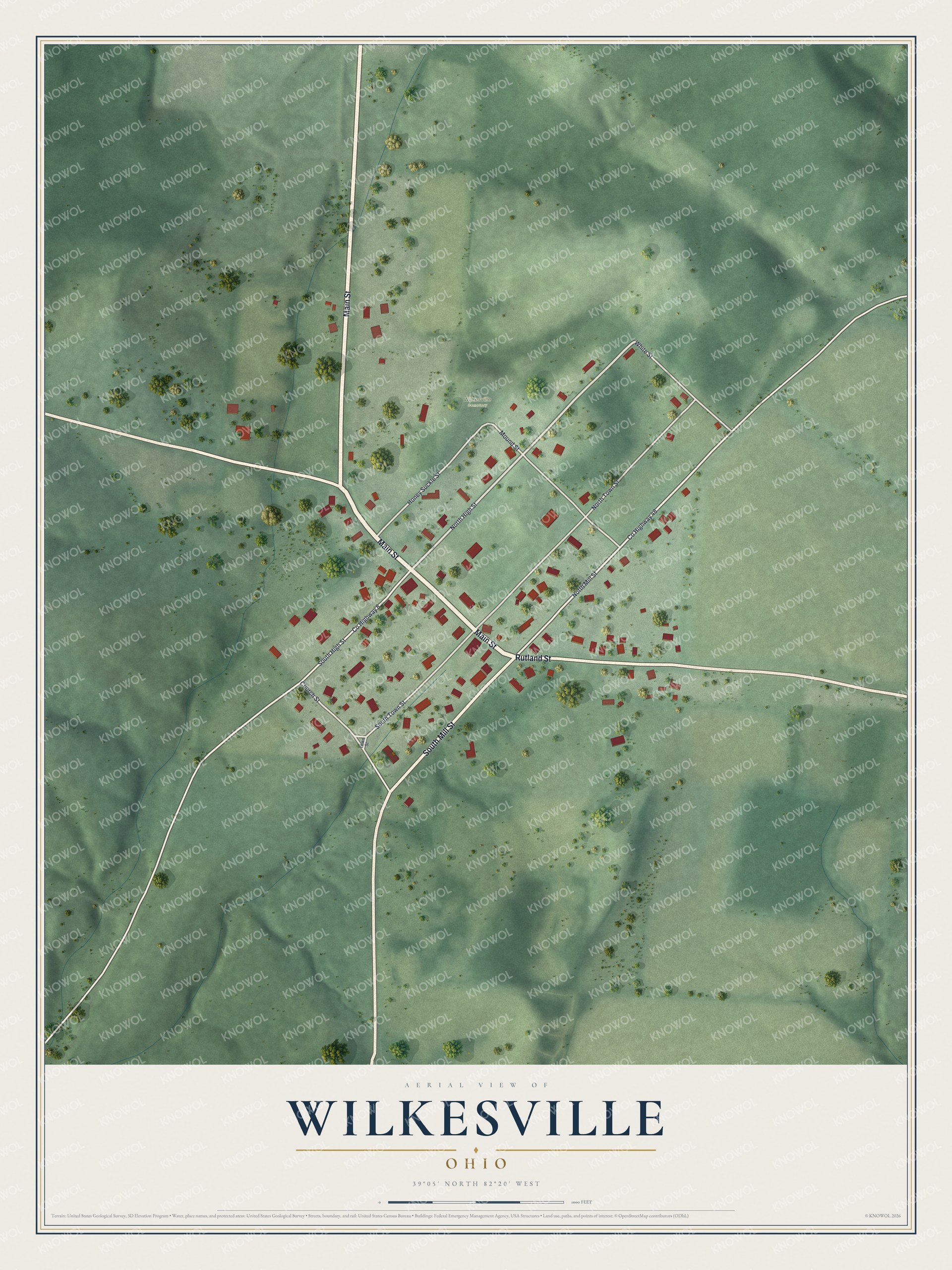 Full map of Wilkesville, Ohio, with red buildings, printed street names and the land around them