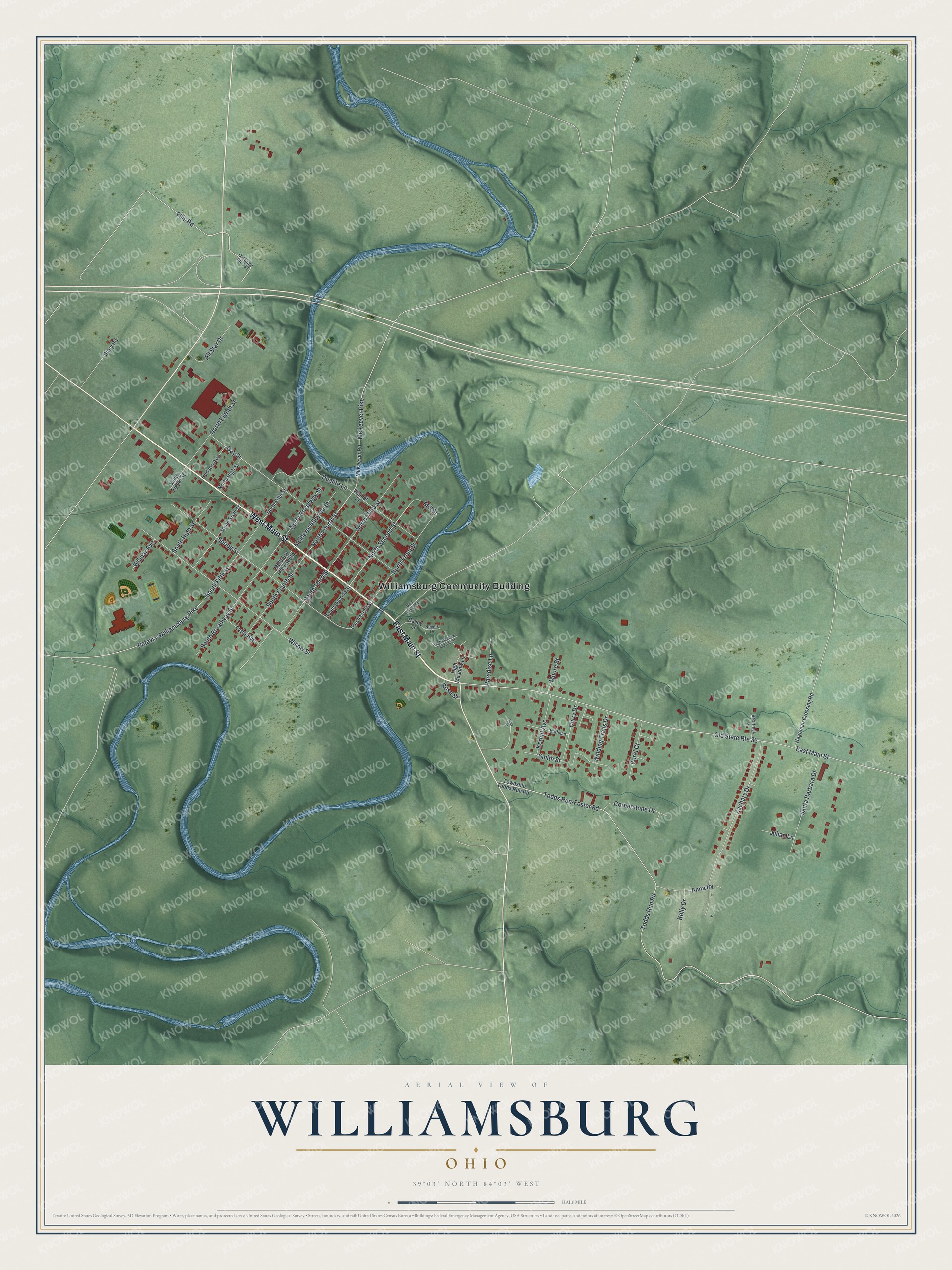 Full map of Williamsburg, Ohio, with red buildings, printed street names and the land around them