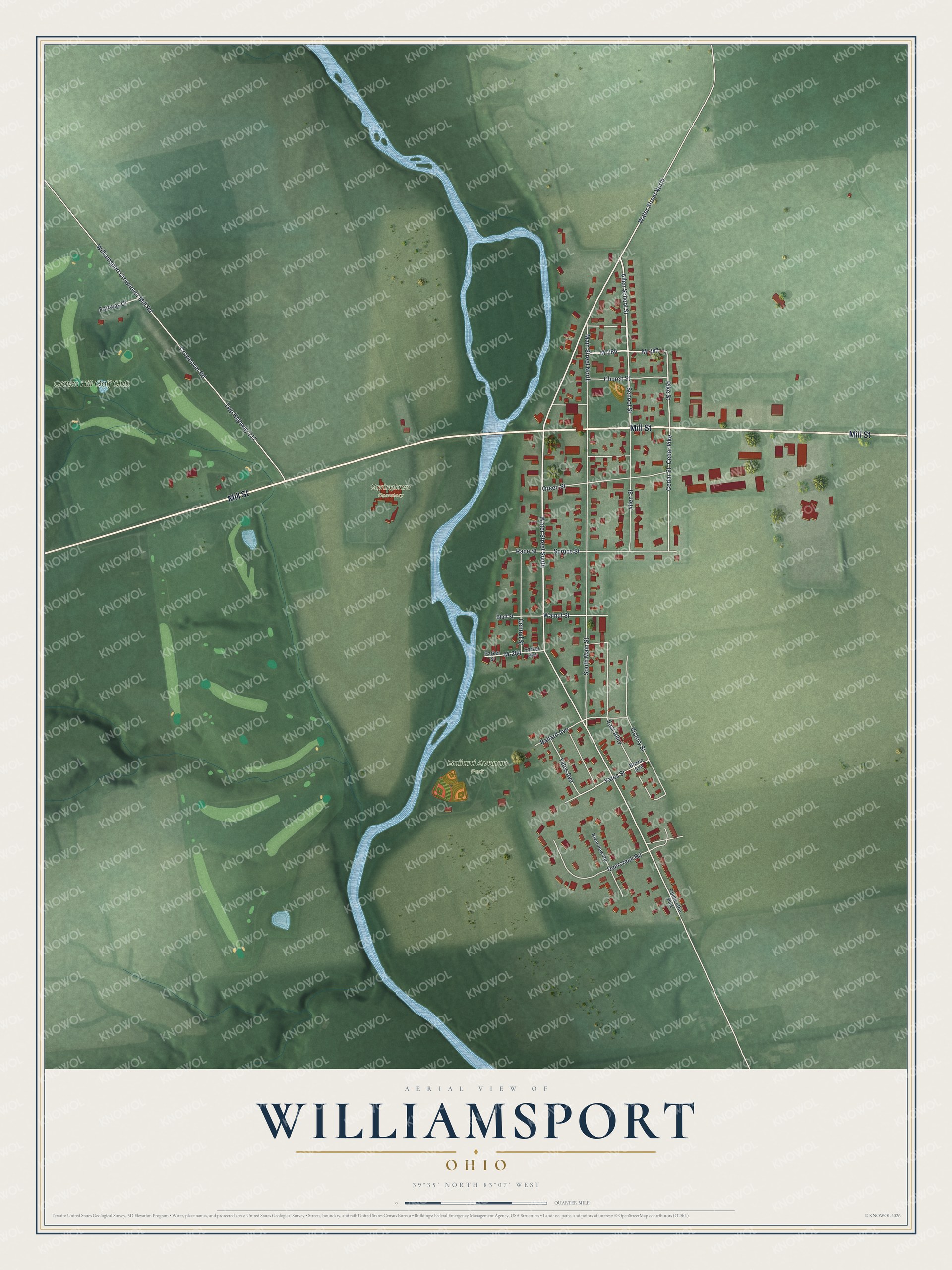 Full map of Williamsport, Ohio, with red buildings, printed street names and the land around them