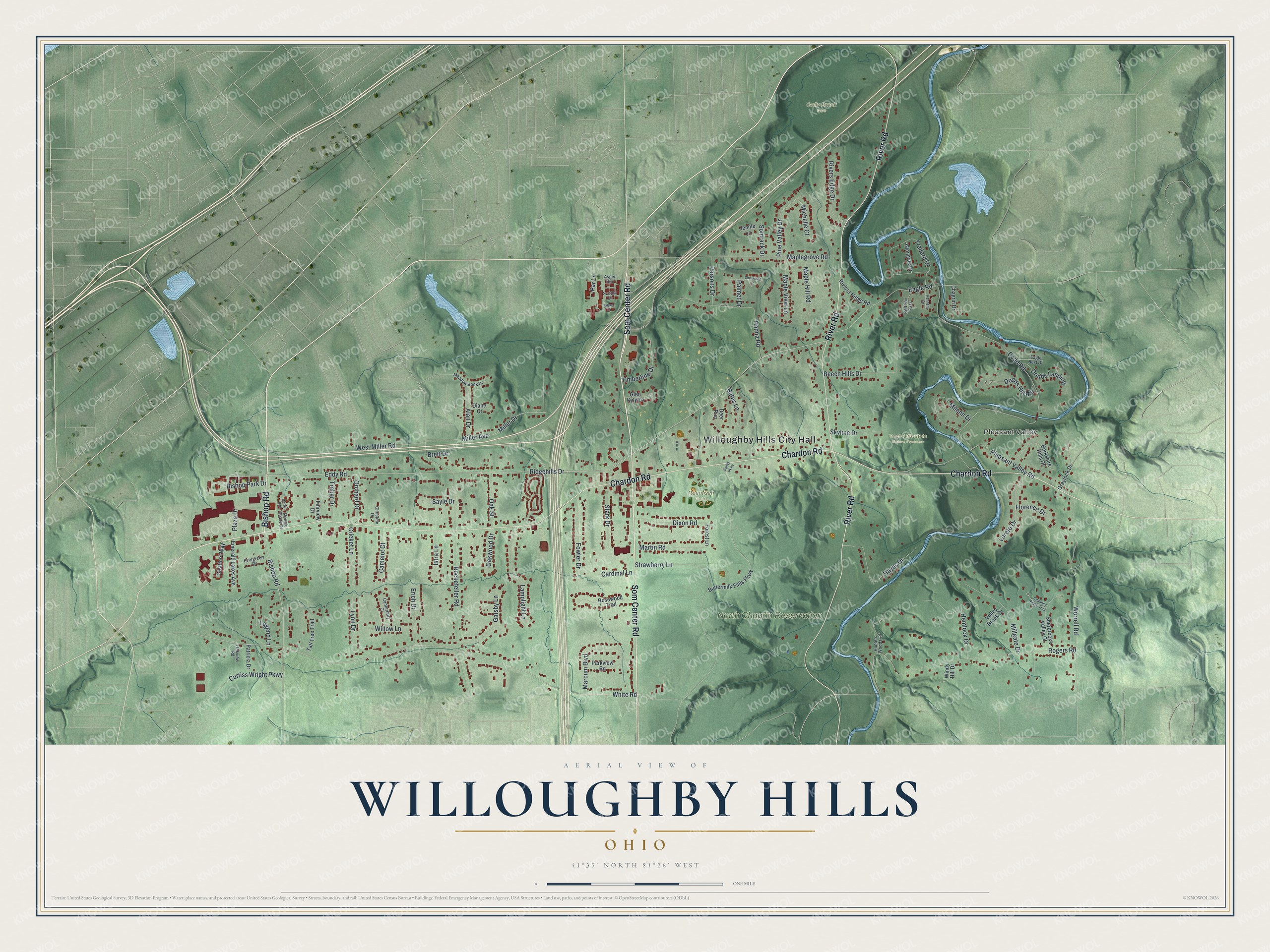 Full map of Willoughby Hills, Ohio, with red buildings, printed street names and the land around them