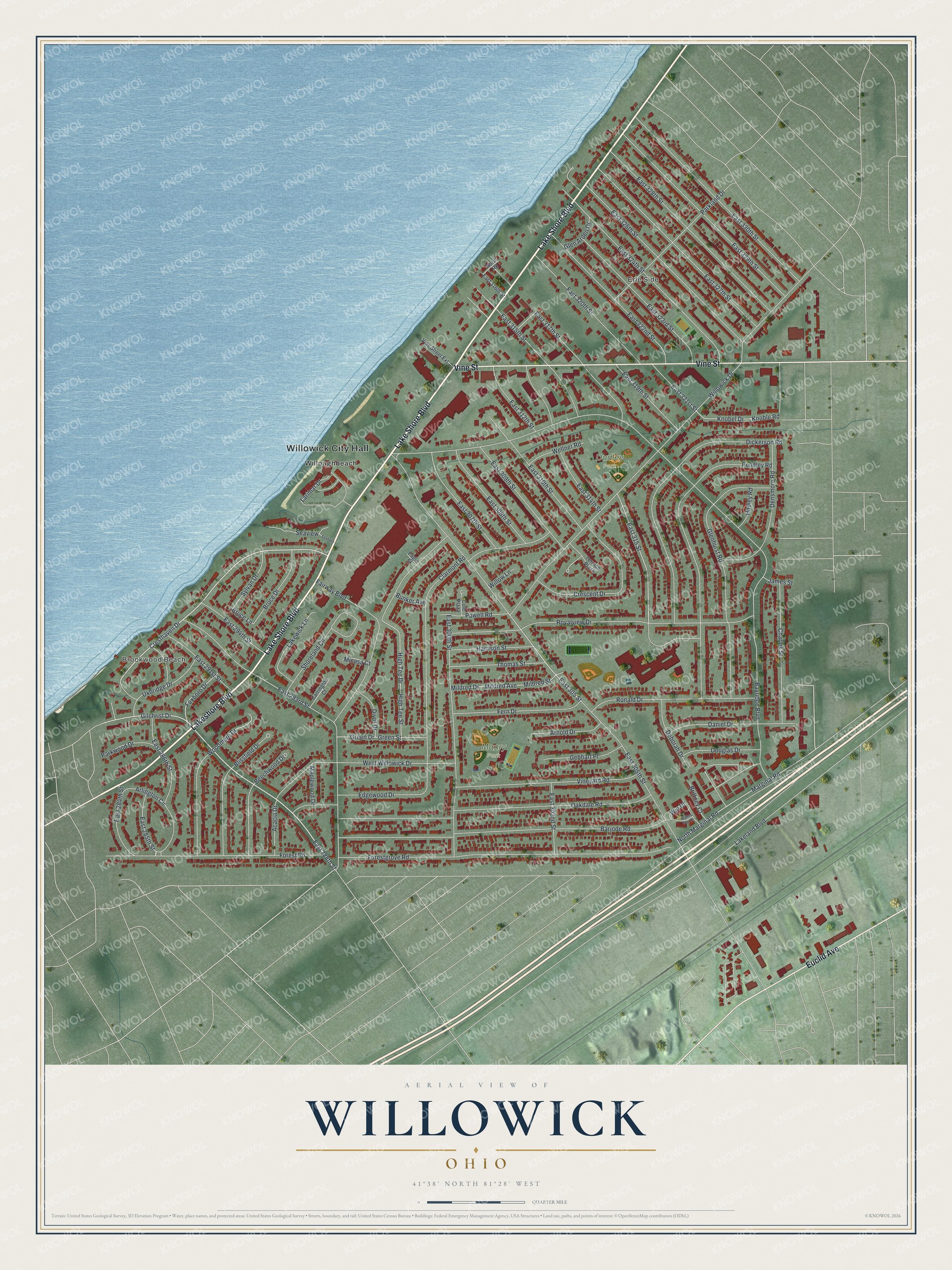 Full map of Willowick, Ohio, with red buildings, printed street names and the land around them