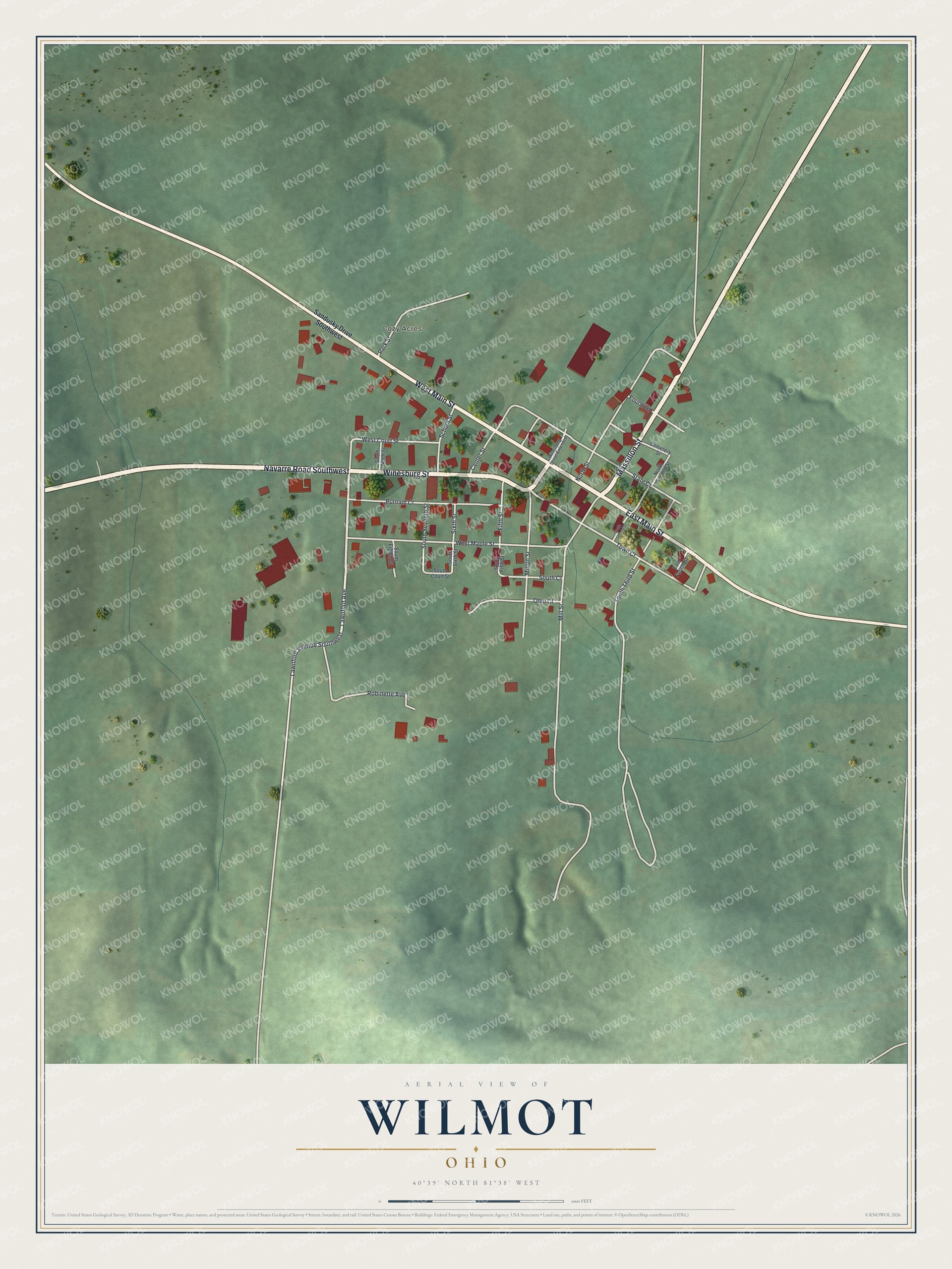 Full map of Wilmot, Ohio, with red buildings, printed street names and the land around them