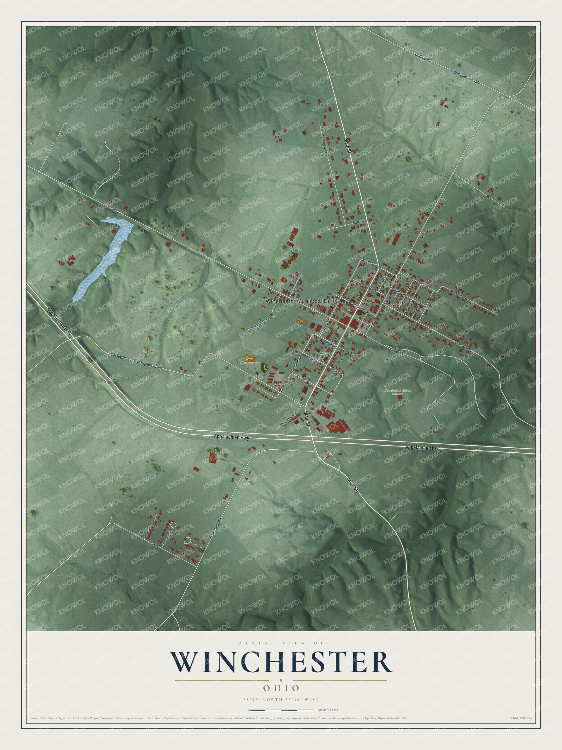 Aerial map of Winchester, Ohio with red buildings along Main Street, green hills, a blue lake and Appalachian Highway