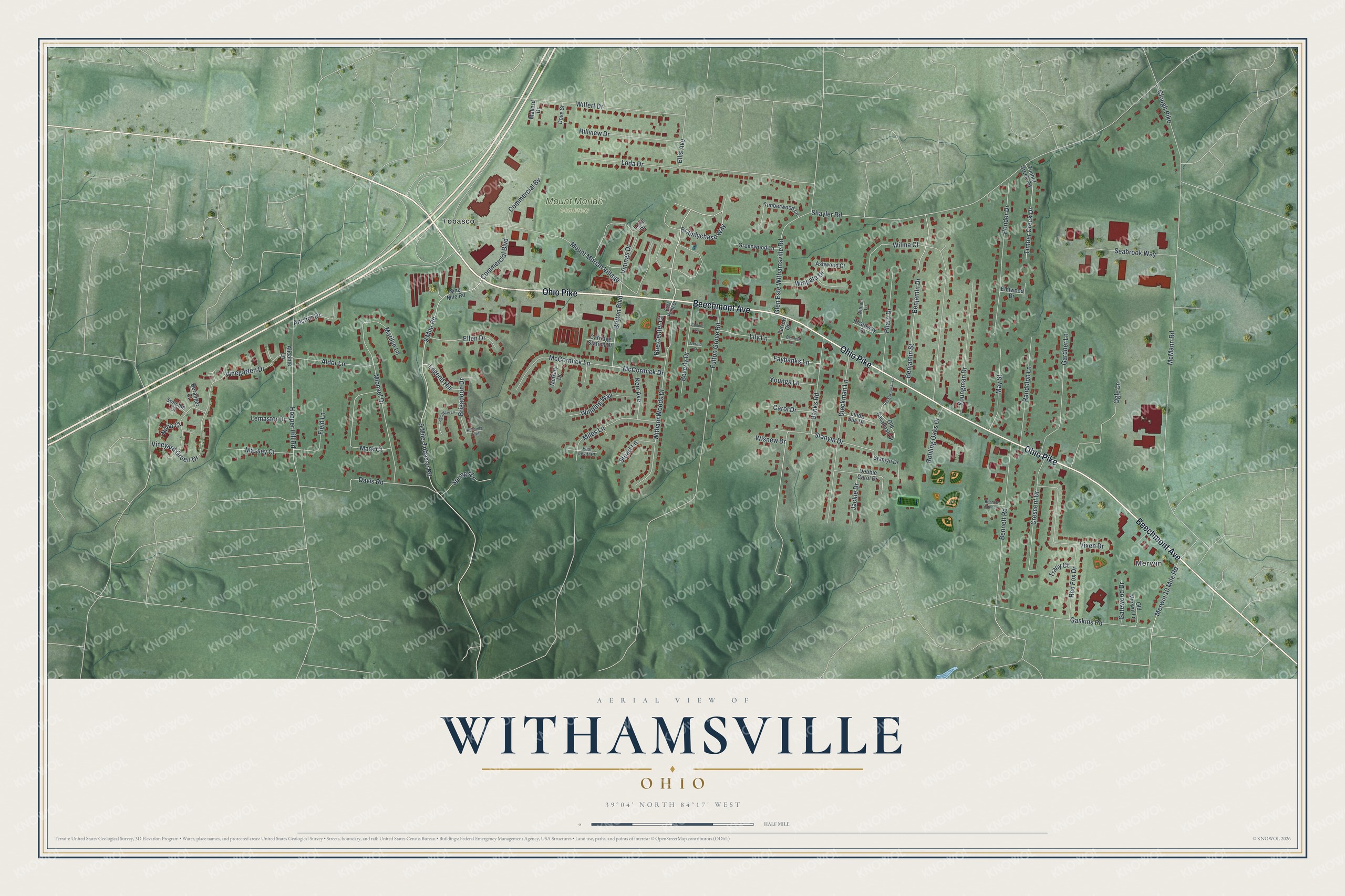 Full map of Withamsville, Ohio, with red buildings, printed street names and the land around them